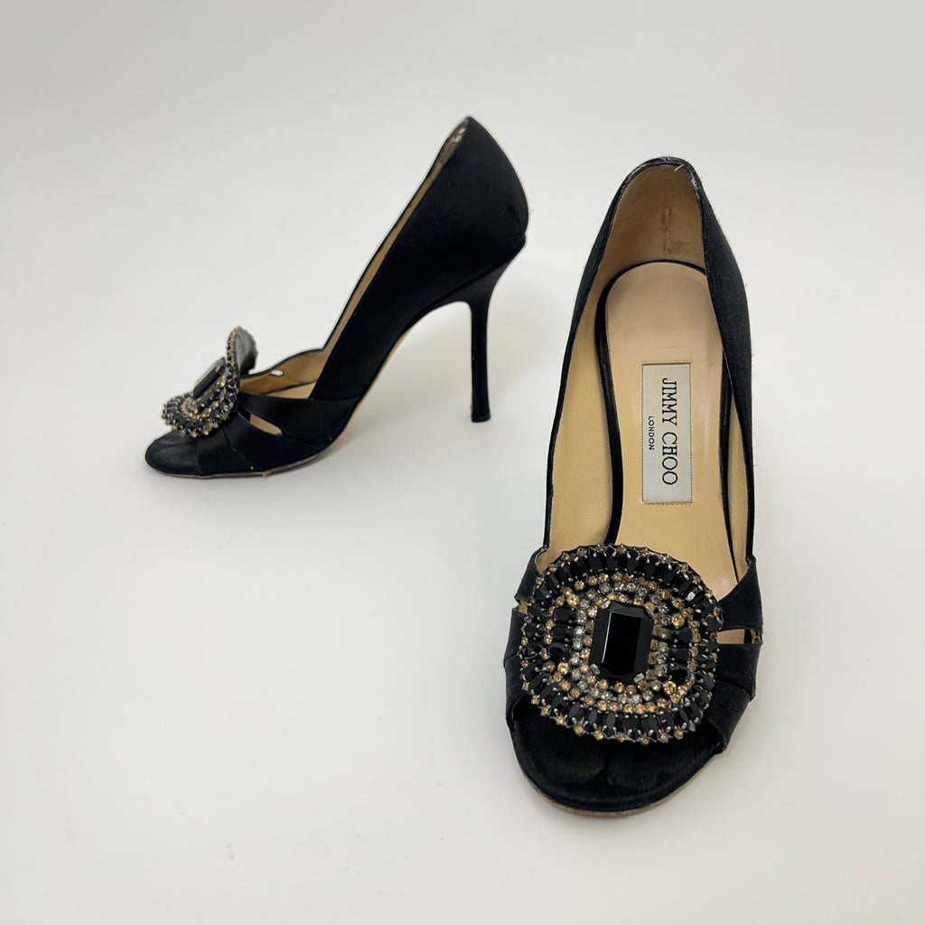 Jimmy Choo | Black Satin Crystal Brooch Peep Toe Stiletto Pumps (38)