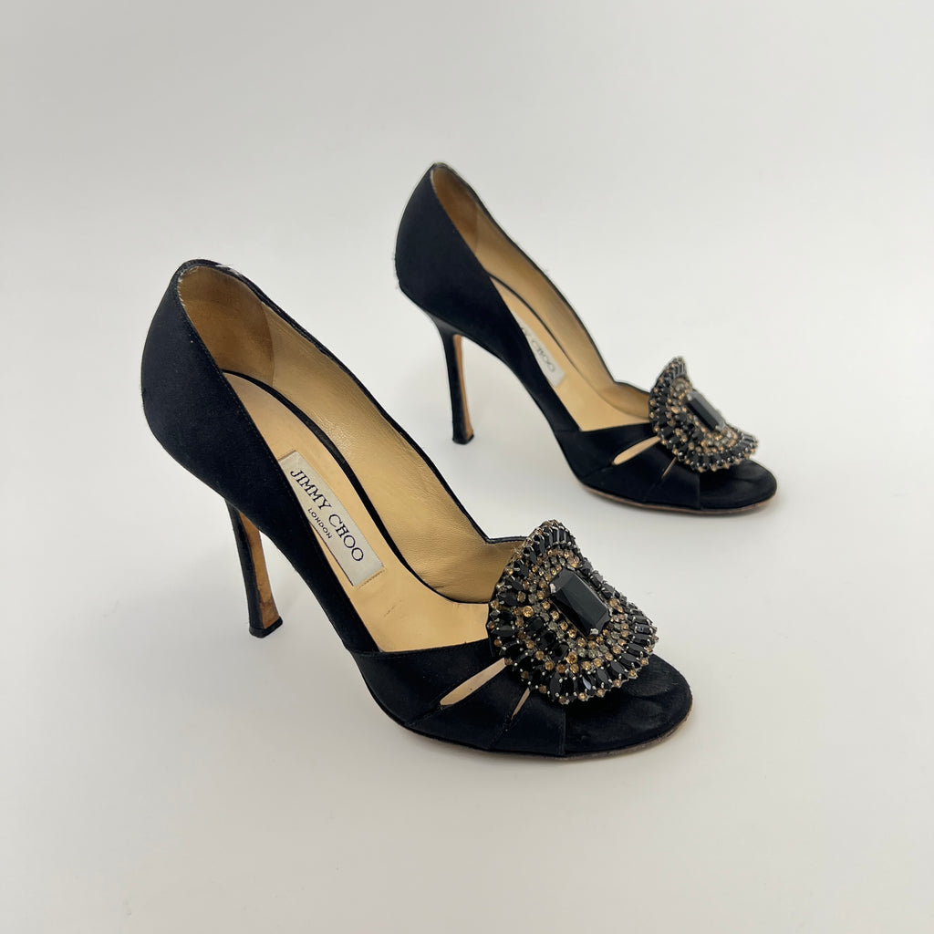 Jimmy Choo | Black Satin Crystal Brooch Peep Toe Stiletto Pumps (38)