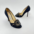 Jimmy Choo | Black Satin Crystal Brooch Peep Toe Stiletto Pumps (38)
