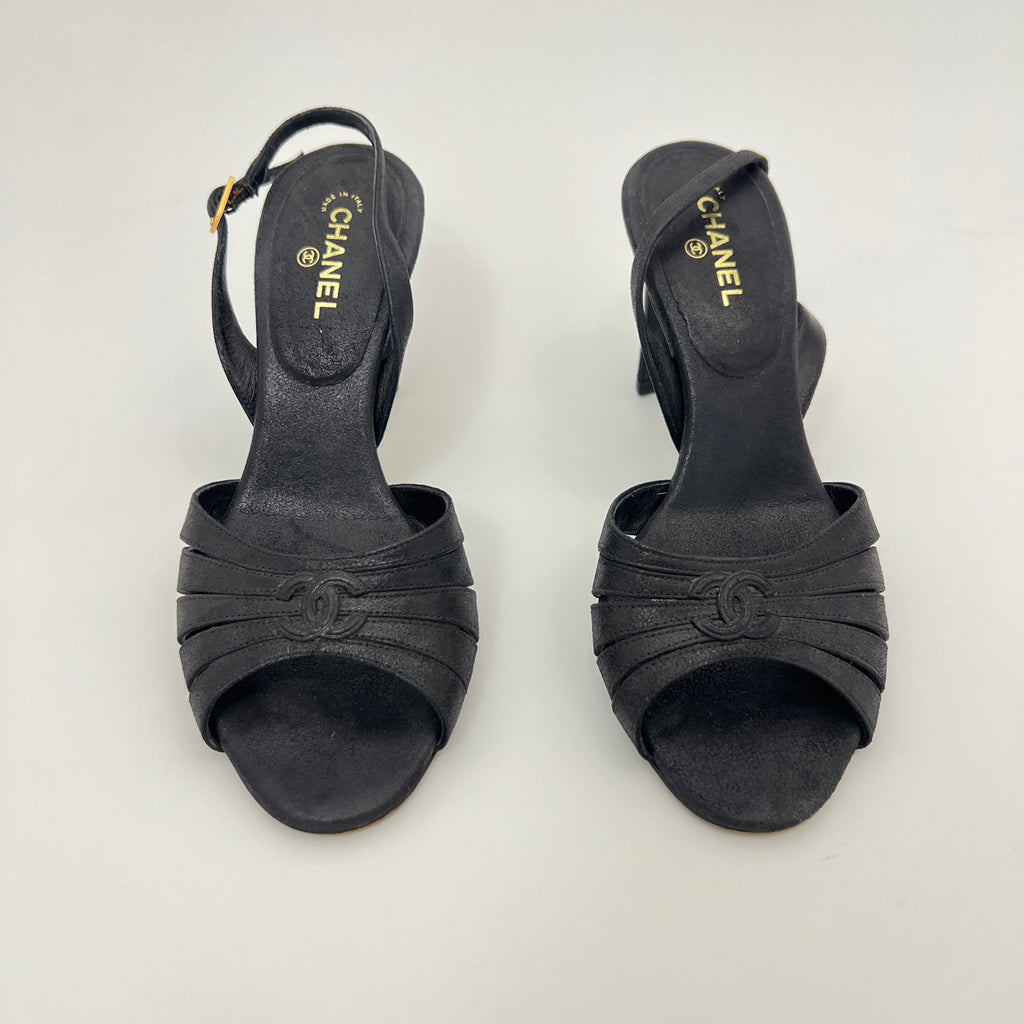 Chanel | Black Leather CC Logo Peep Toe Slingback Heels (34.5)