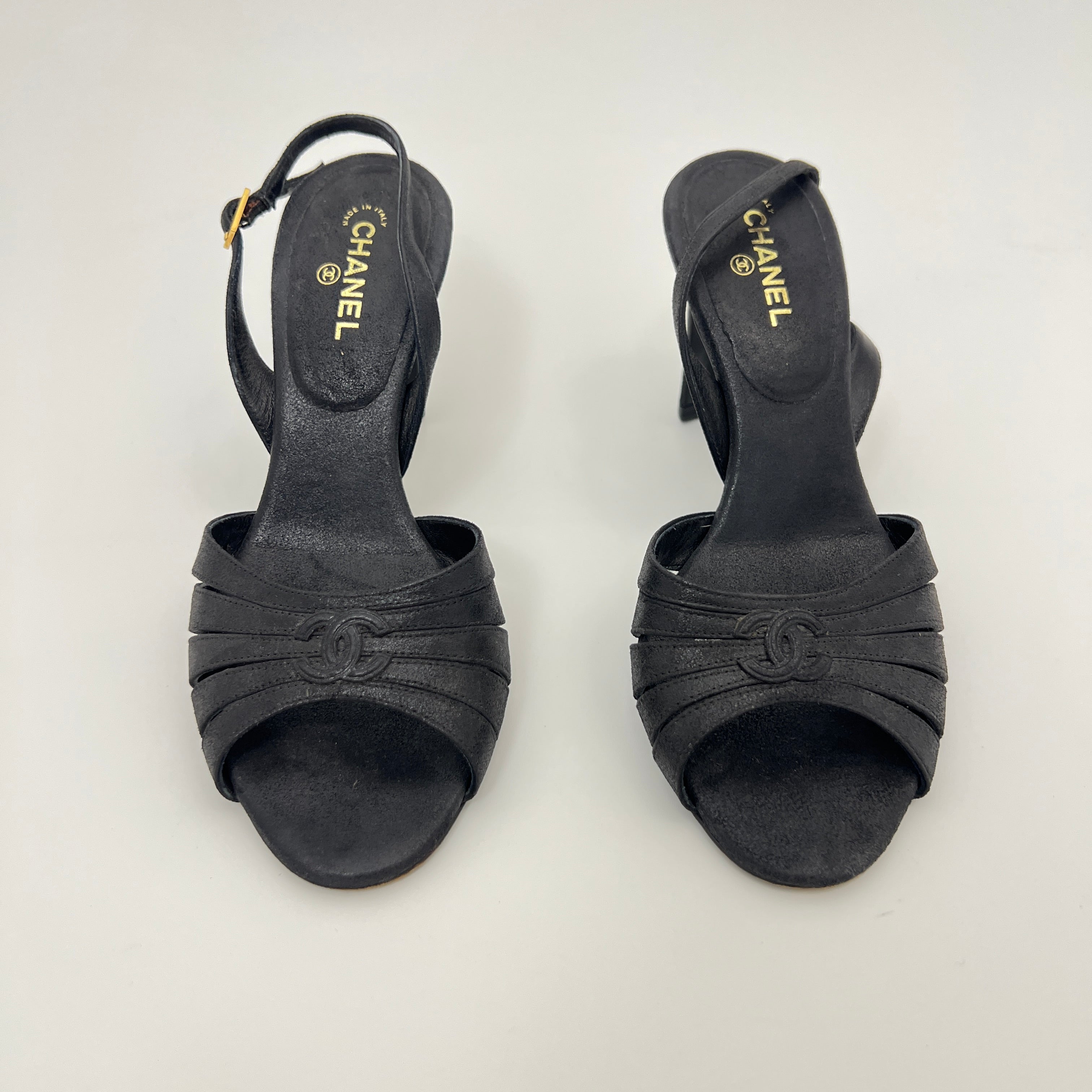 Chanel | Black Leather CC Logo Peep Toe Slingback Heels (34.5)