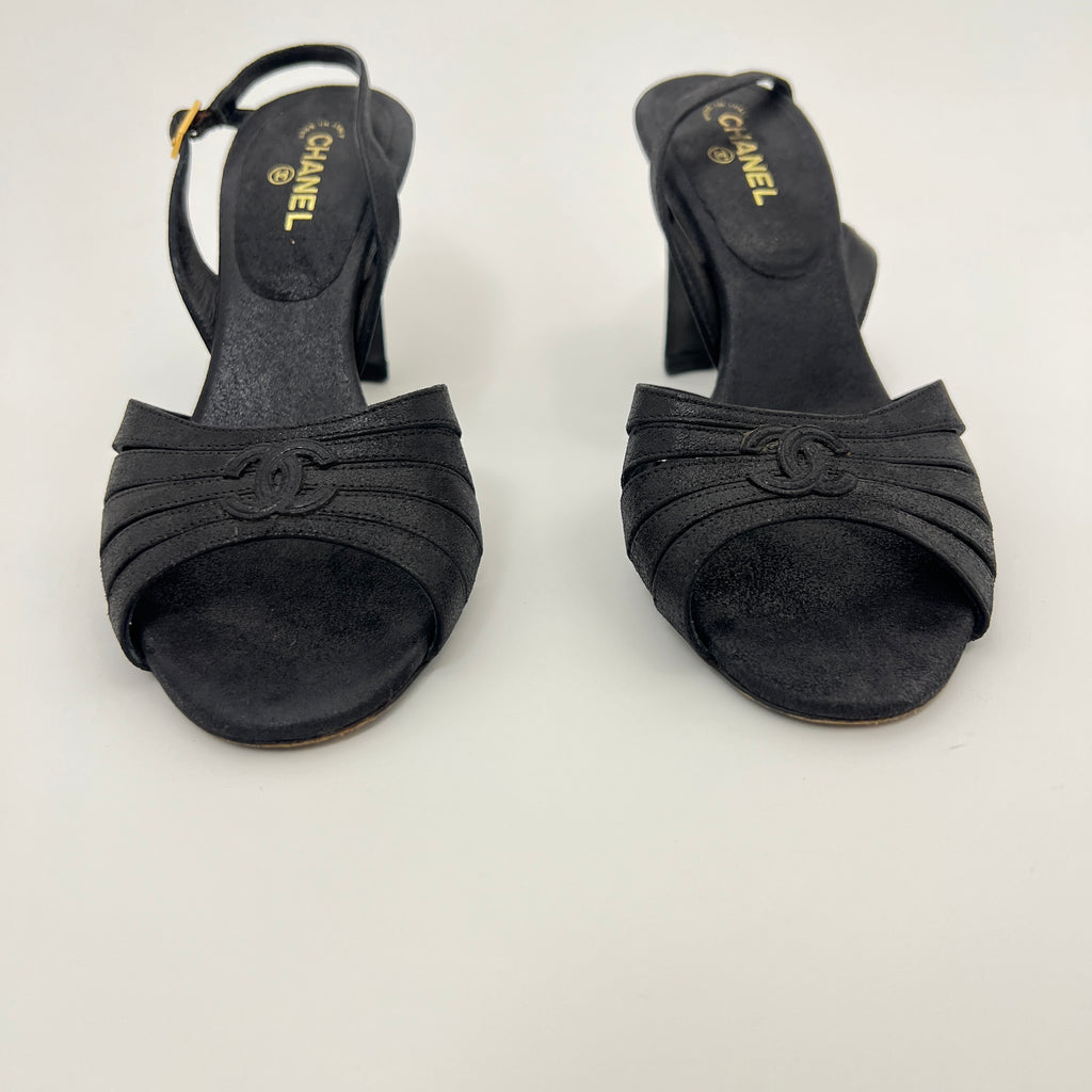 Chanel | Black Leather CC Logo Peep Toe Slingback Heels (34.5)