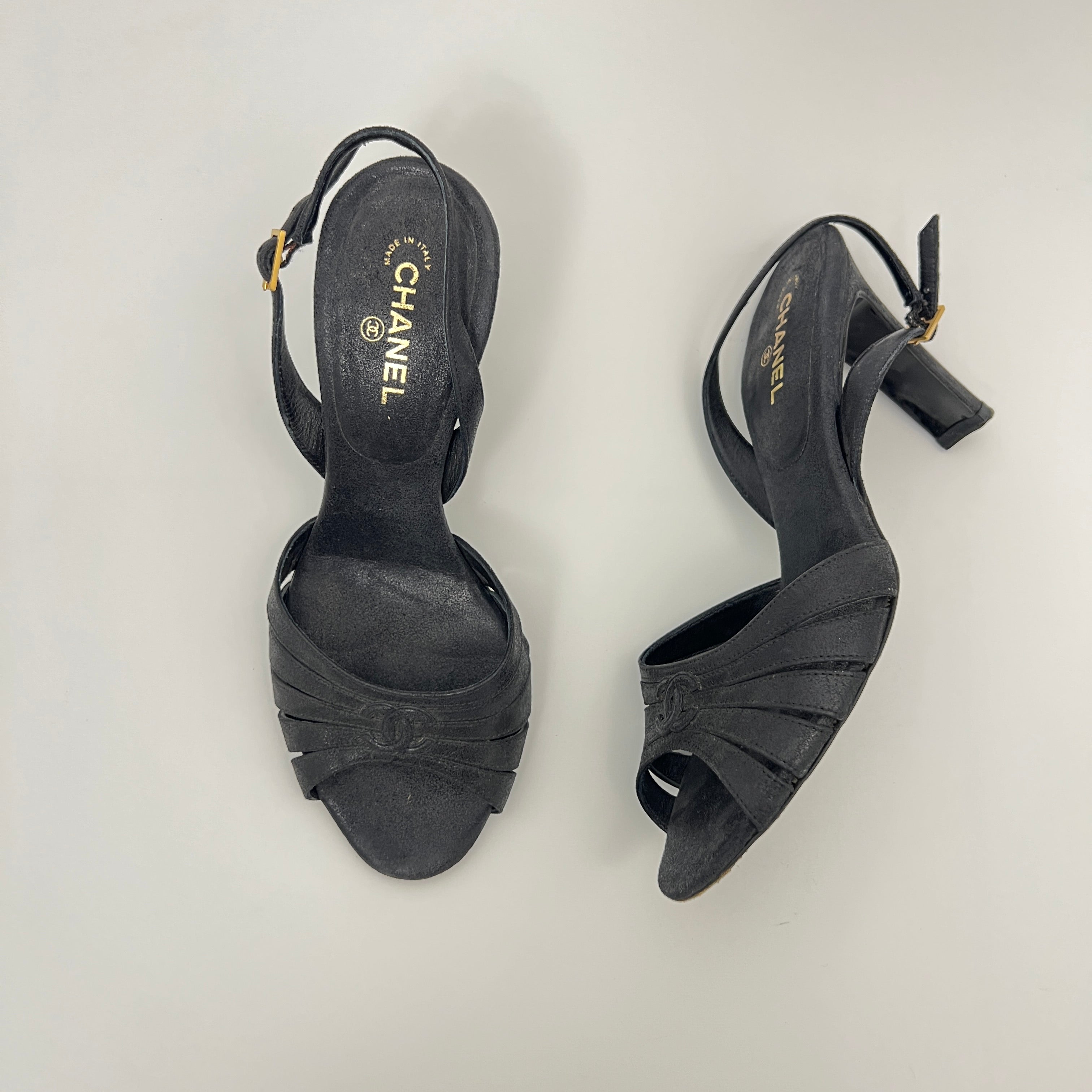 Chanel | Black Leather CC Logo Peep Toe Slingback Heels (34.5)