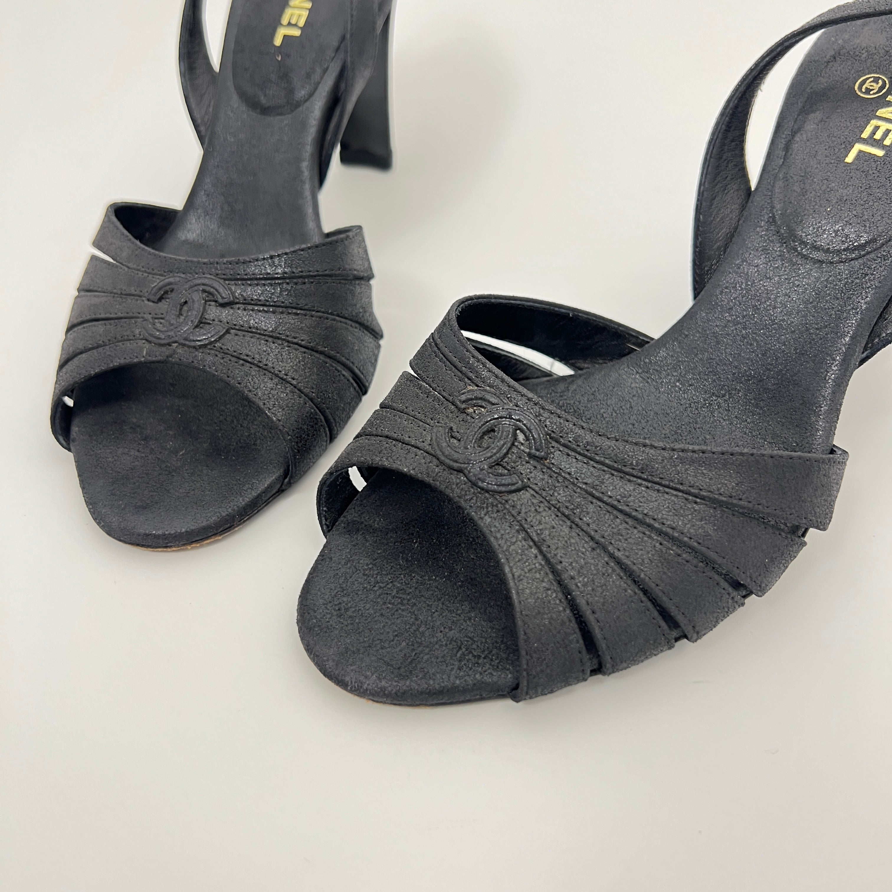 Chanel | Black Leather CC Logo Peep Toe Slingback Heels (34.5)