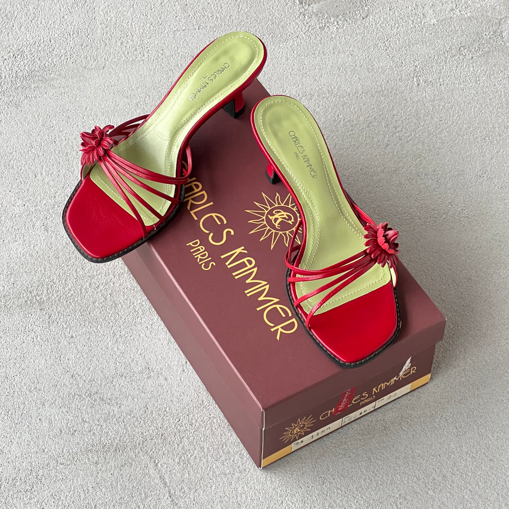 Charles Kammer | Red Flower Applique Green Insole Kitten Heel Slide Mules (36)