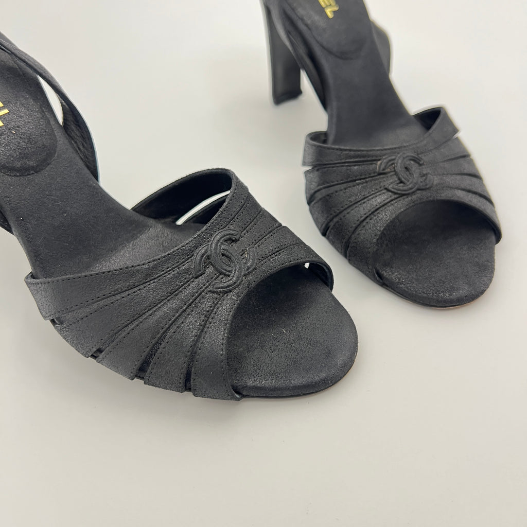 Chanel | Black Leather CC Logo Peep Toe Slingback Heels (34.5)