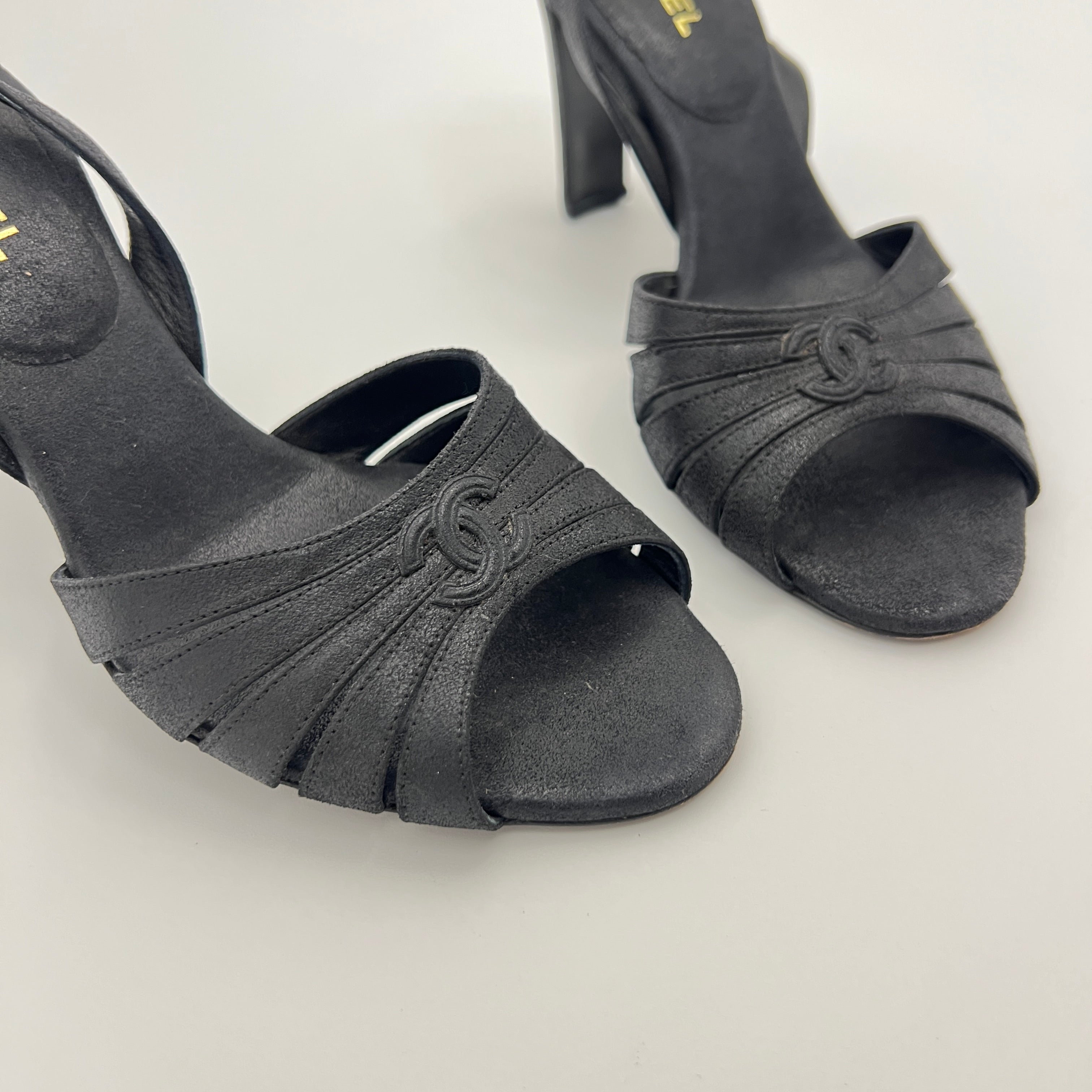 Chanel | Black Leather CC Logo Peep Toe Slingback Heels (34.5)