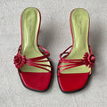 Charles Kammer | Red Flower Applique Green Insole Kitten Heel Slide Mules (36)