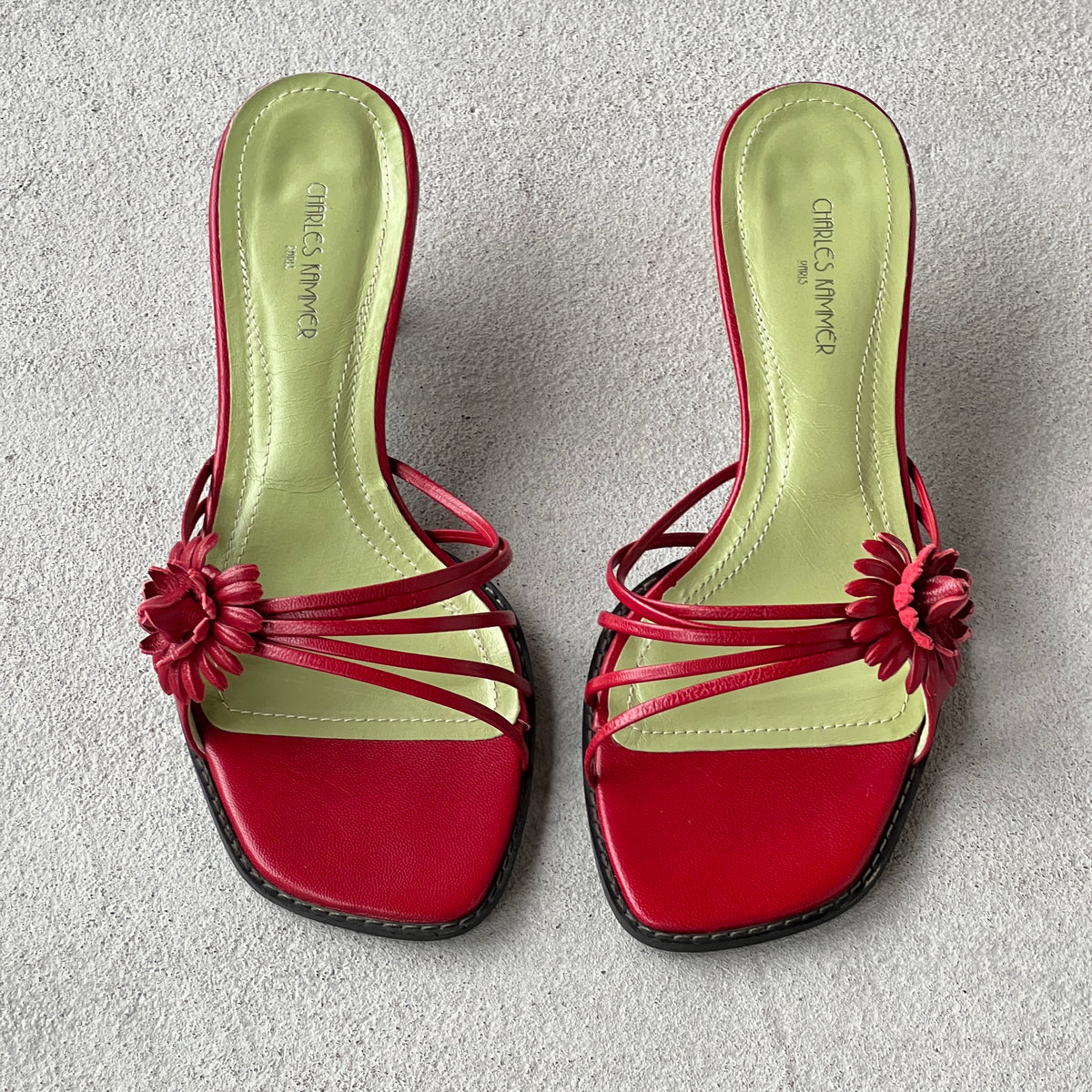 Charles Kammer | Red Flower Applique Green Insole Kitten Heel Slide Mules (36)