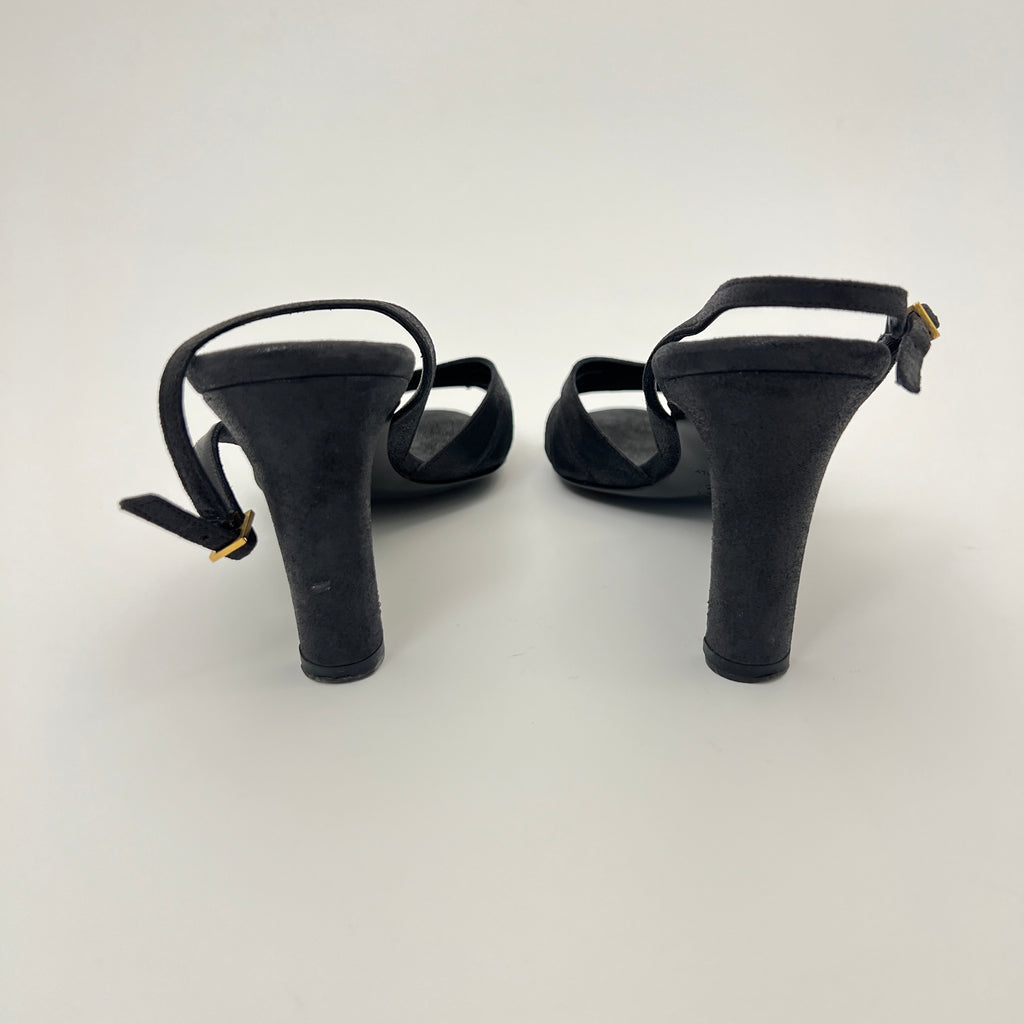Chanel | Black Leather CC Logo Peep Toe Slingback Heels (34.5)