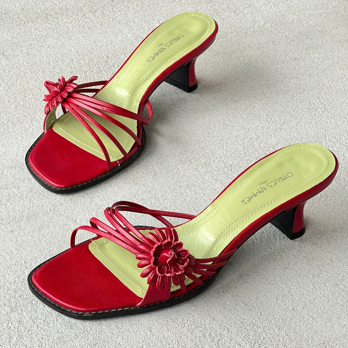 Charles Kammer | Red Flower Applique Green Insole Kitten Heel Slide Mules (36)