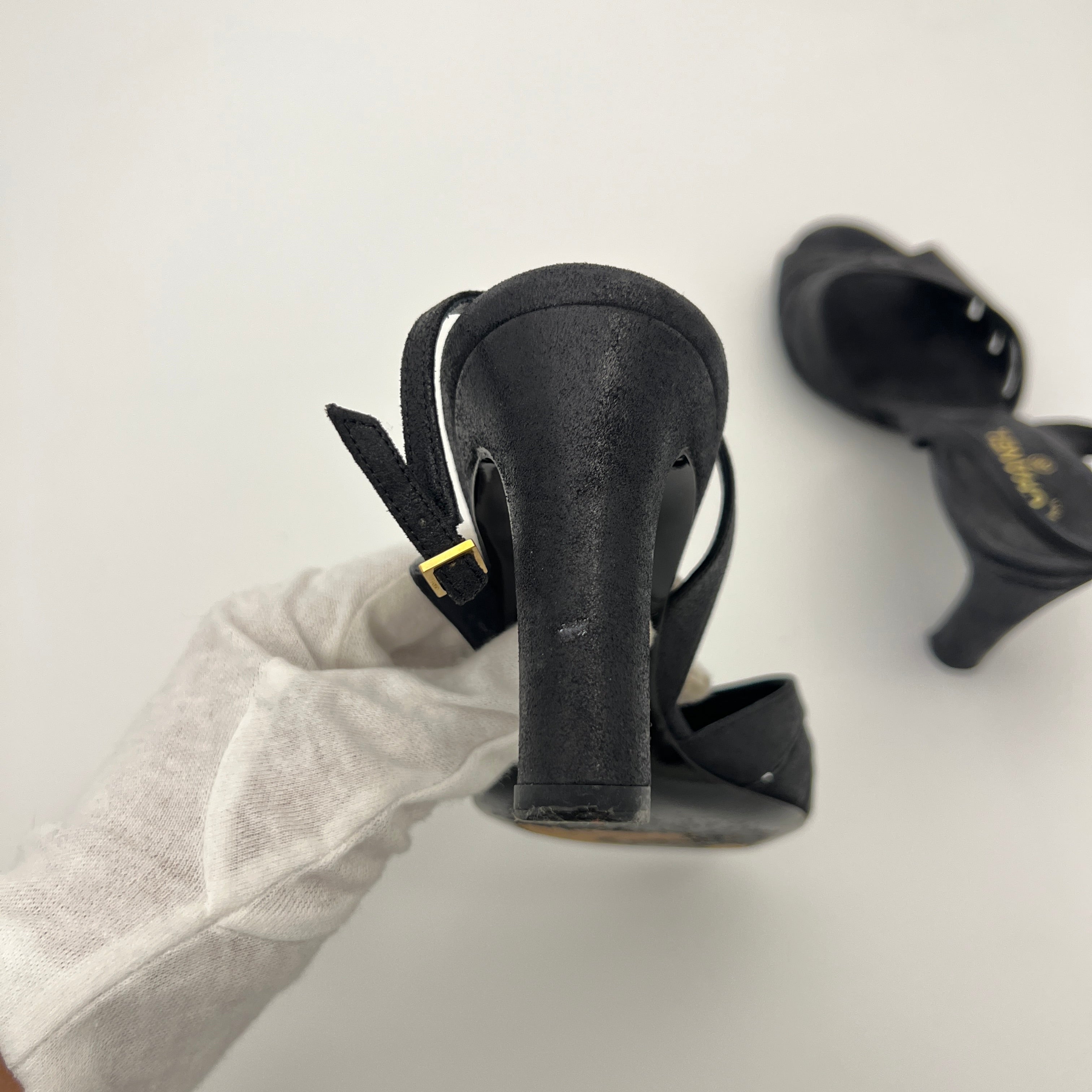 Chanel | Black Leather CC Logo Peep Toe Slingback Heels (34.5)