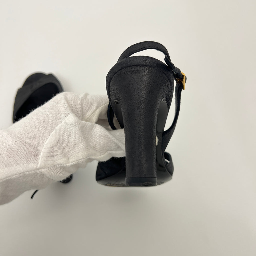 Chanel | Black Leather CC Logo Peep Toe Slingback Heels (34.5)