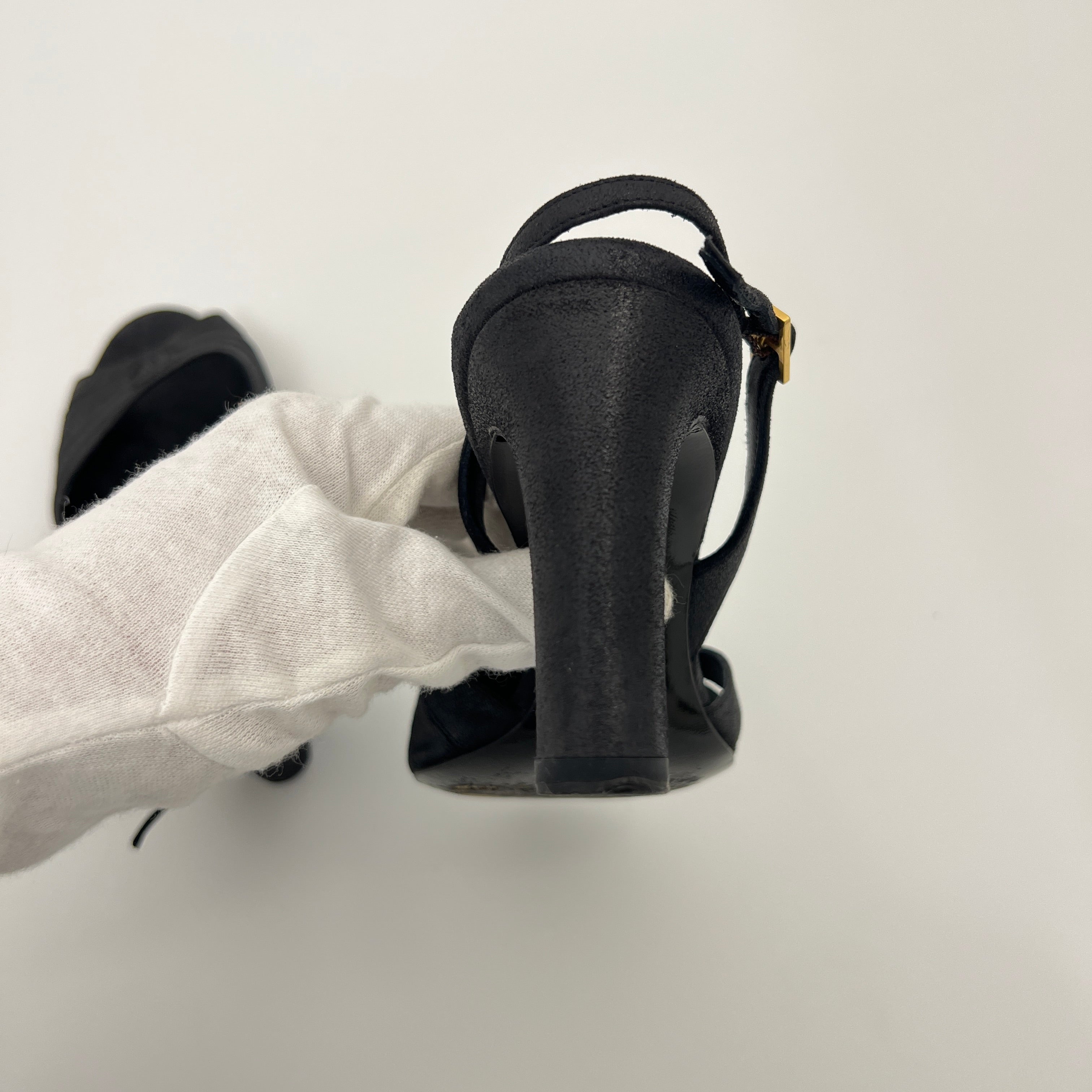 Chanel | Black Leather CC Logo Peep Toe Slingback Heels (34.5)