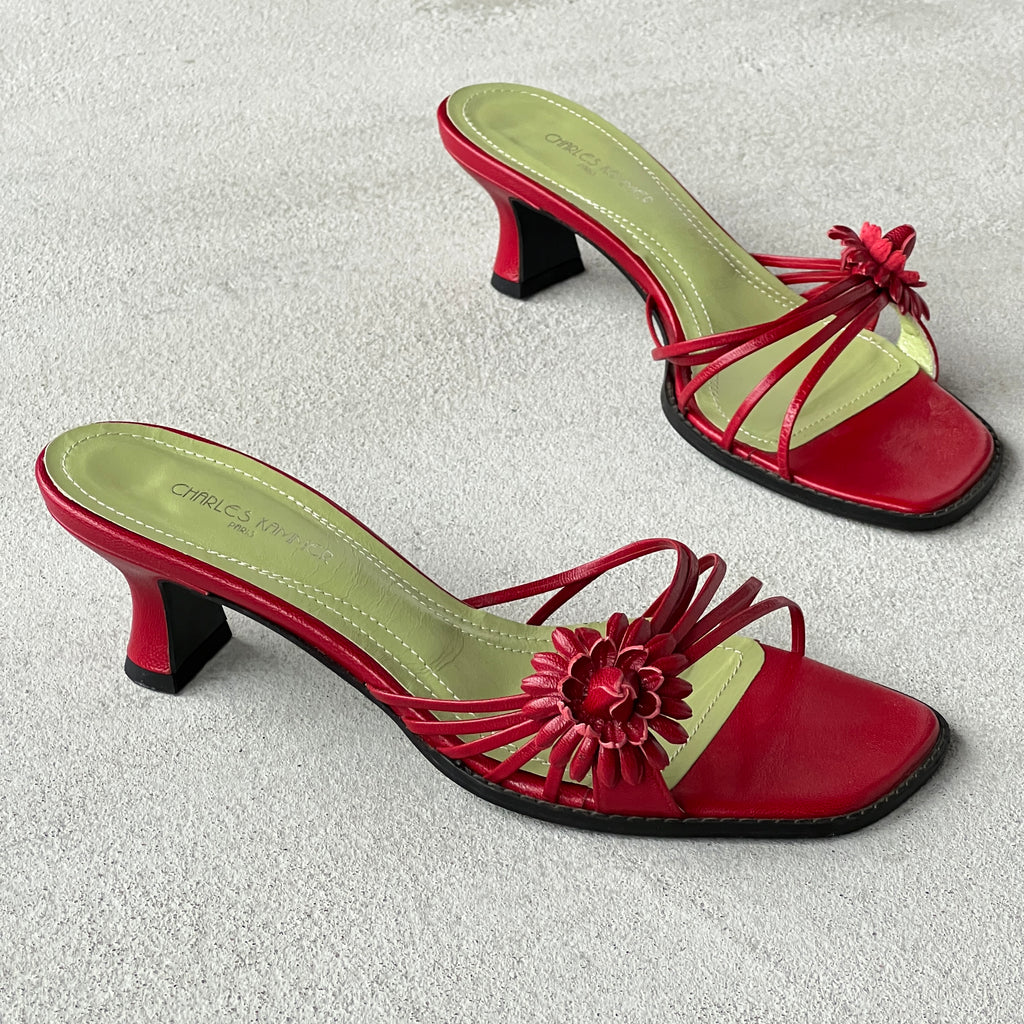 Charles Kammer | Red Flower Applique Green Insole Kitten Heel Slide Mules (36)