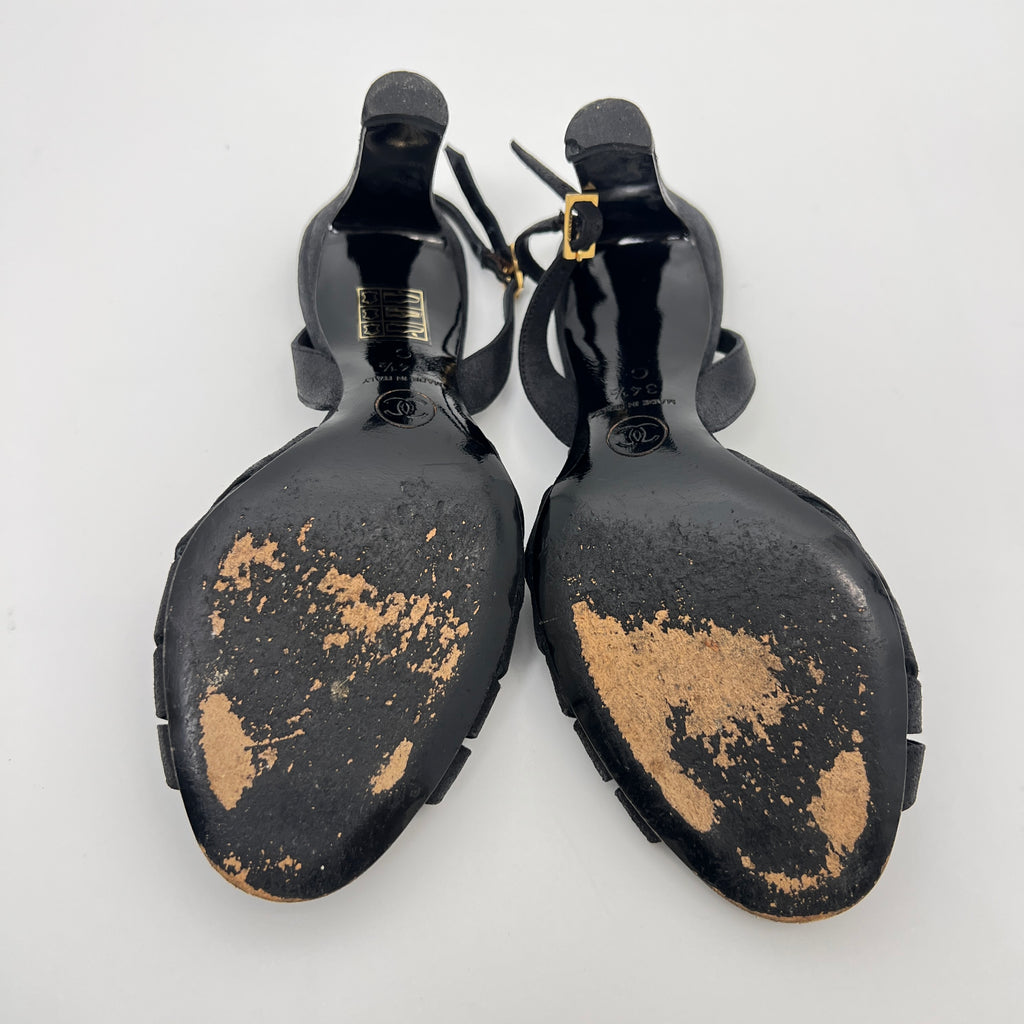 Chanel | Black Leather CC Logo Peep Toe Slingback Heels (34.5)