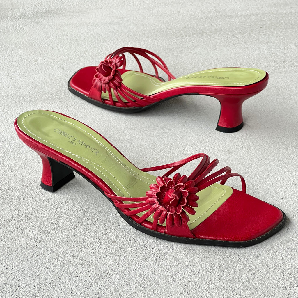 Charles Kammer | Red Flower Applique Green Insole Kitten Heel Slide Mules (36)