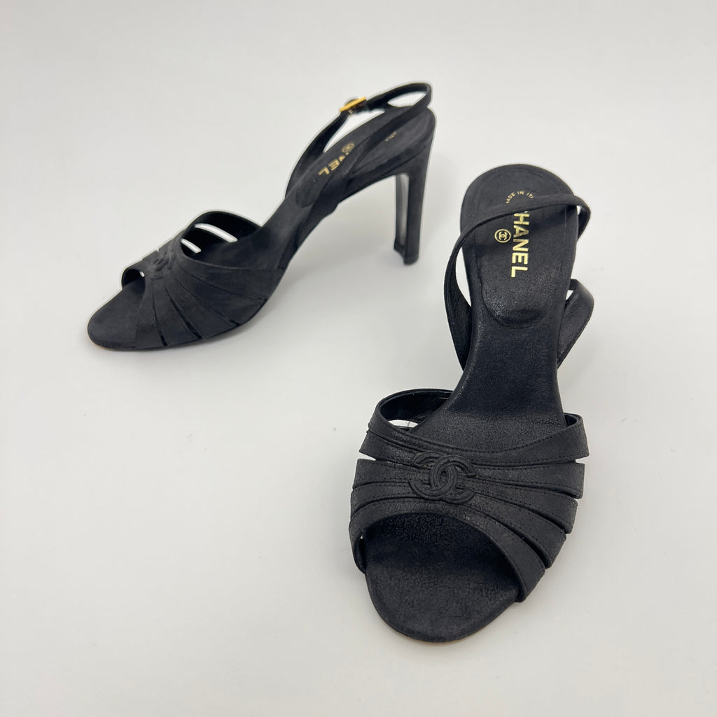 Chanel | Black Leather CC Logo Peep Toe Slingback Heels (34.5)
