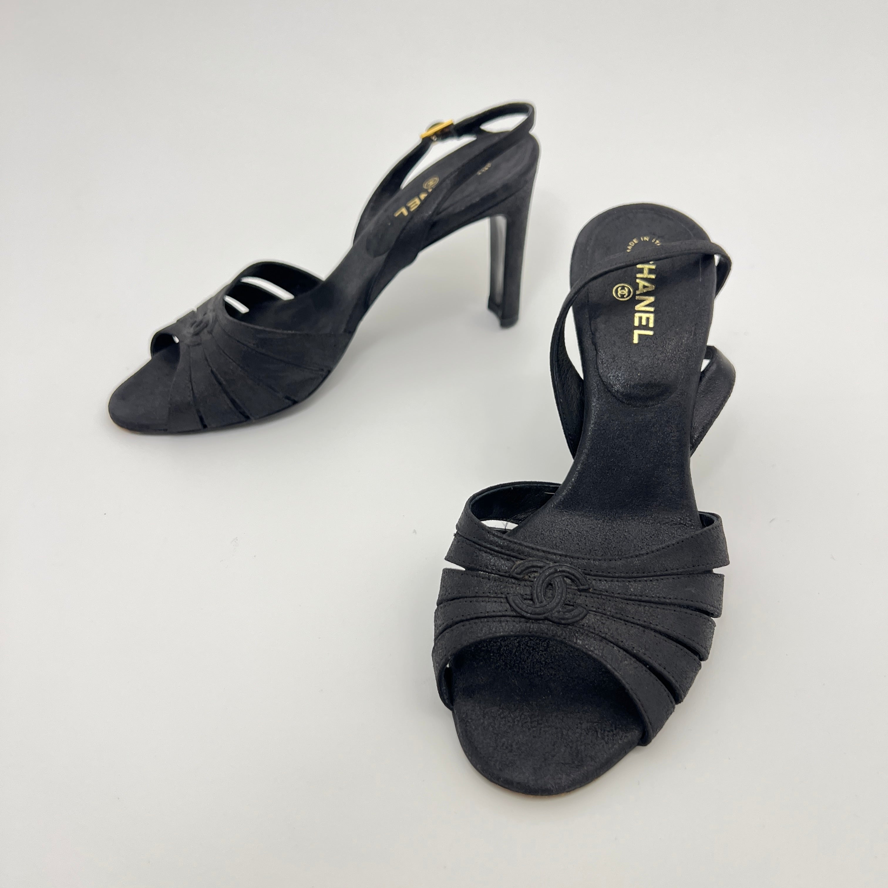Chanel | Black Leather CC Logo Peep Toe Slingback Heels (34.5)