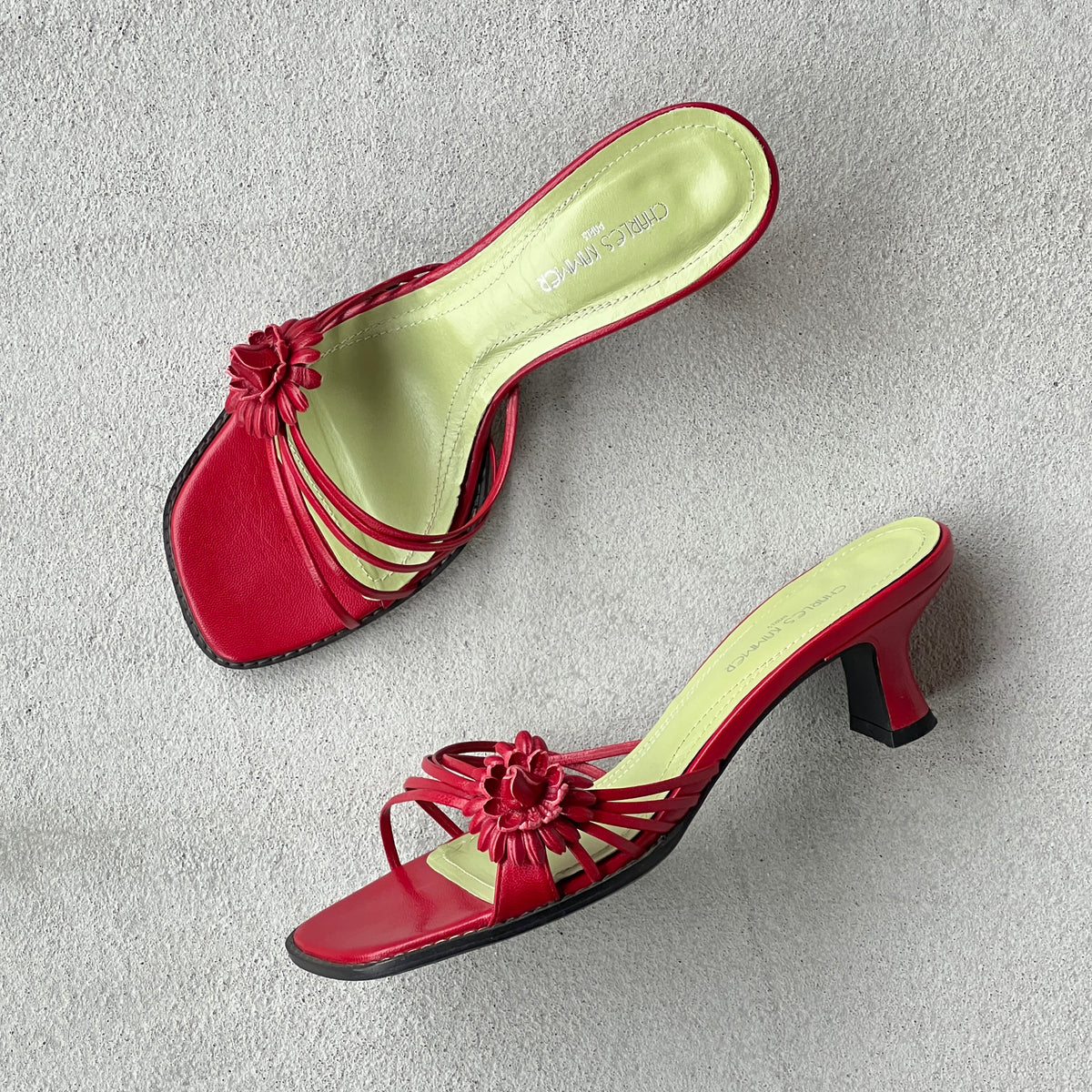 Charles Kammer | Red Flower Applique Green Insole Kitten Heel Slide Mules (36)