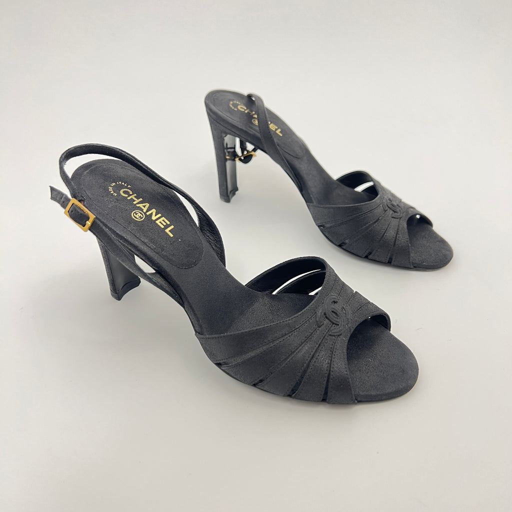 Chanel | Black Leather CC Logo Peep Toe Slingback Heels (34.5)