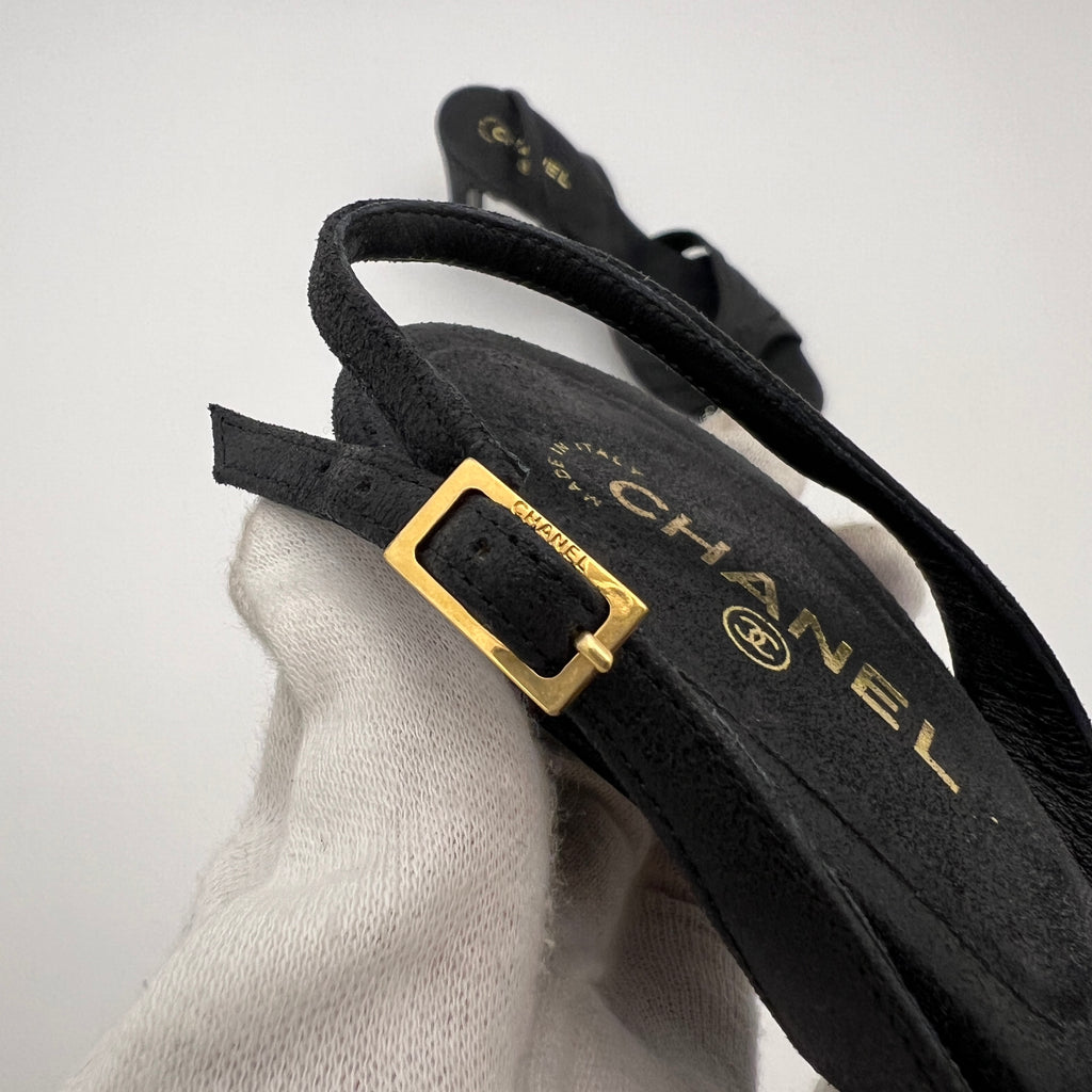Chanel | Black Leather CC Logo Peep Toe Slingback Heels (34.5)