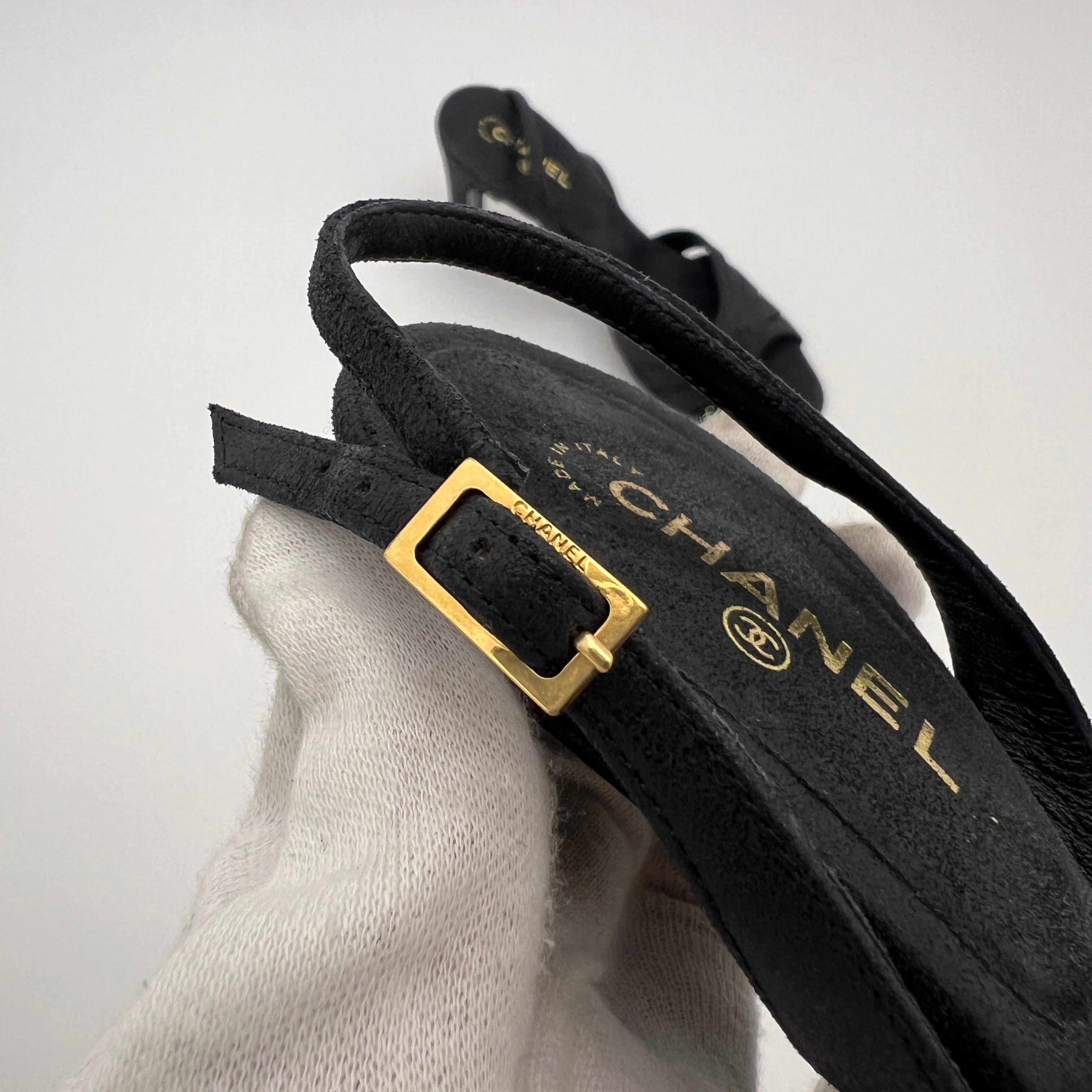 Chanel | Black Leather CC Logo Peep Toe Slingback Heels (34.5)