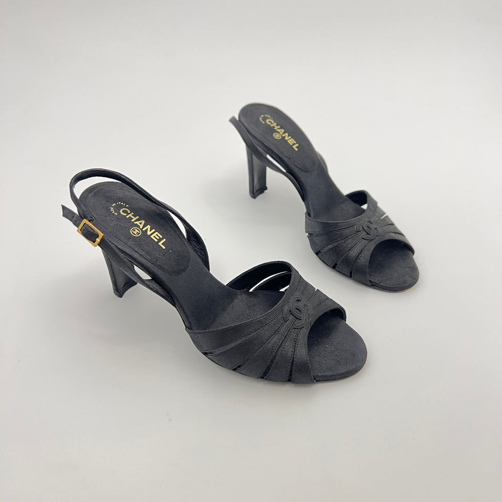 Chanel | Black Leather CC Logo Peep Toe Slingback Heels (34.5)
