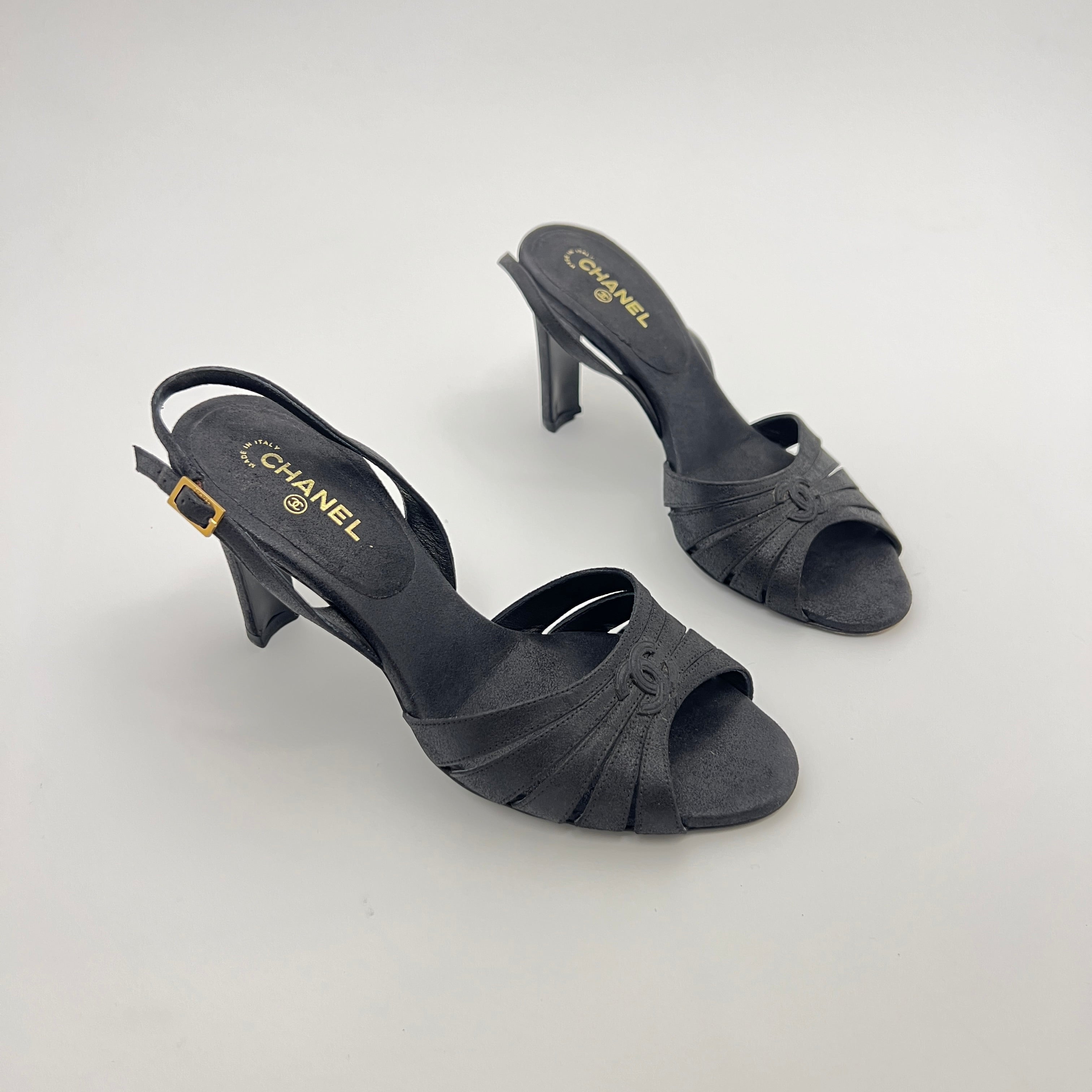 Chanel | Black Leather CC Logo Peep Toe Slingback Heels (34.5)