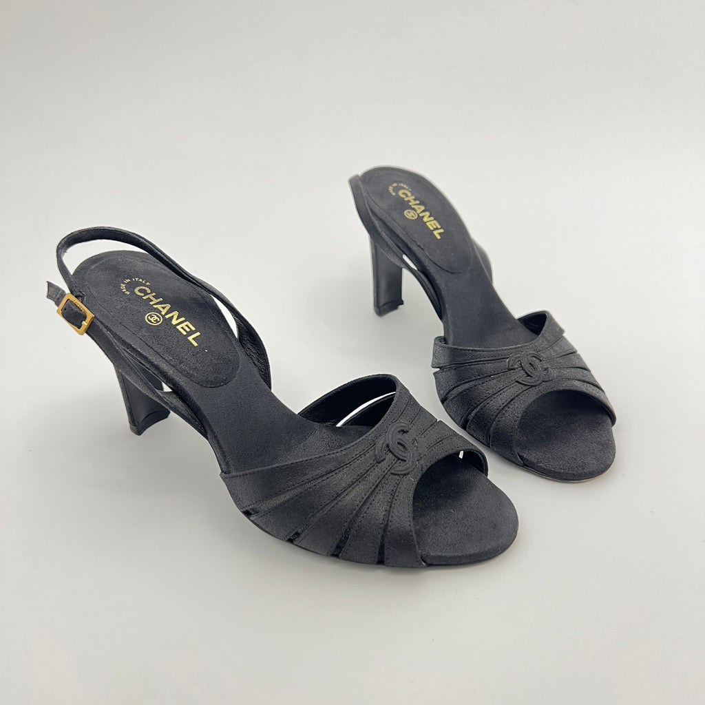 Chanel | Black Leather CC Logo Peep Toe Slingback Heels (34.5)