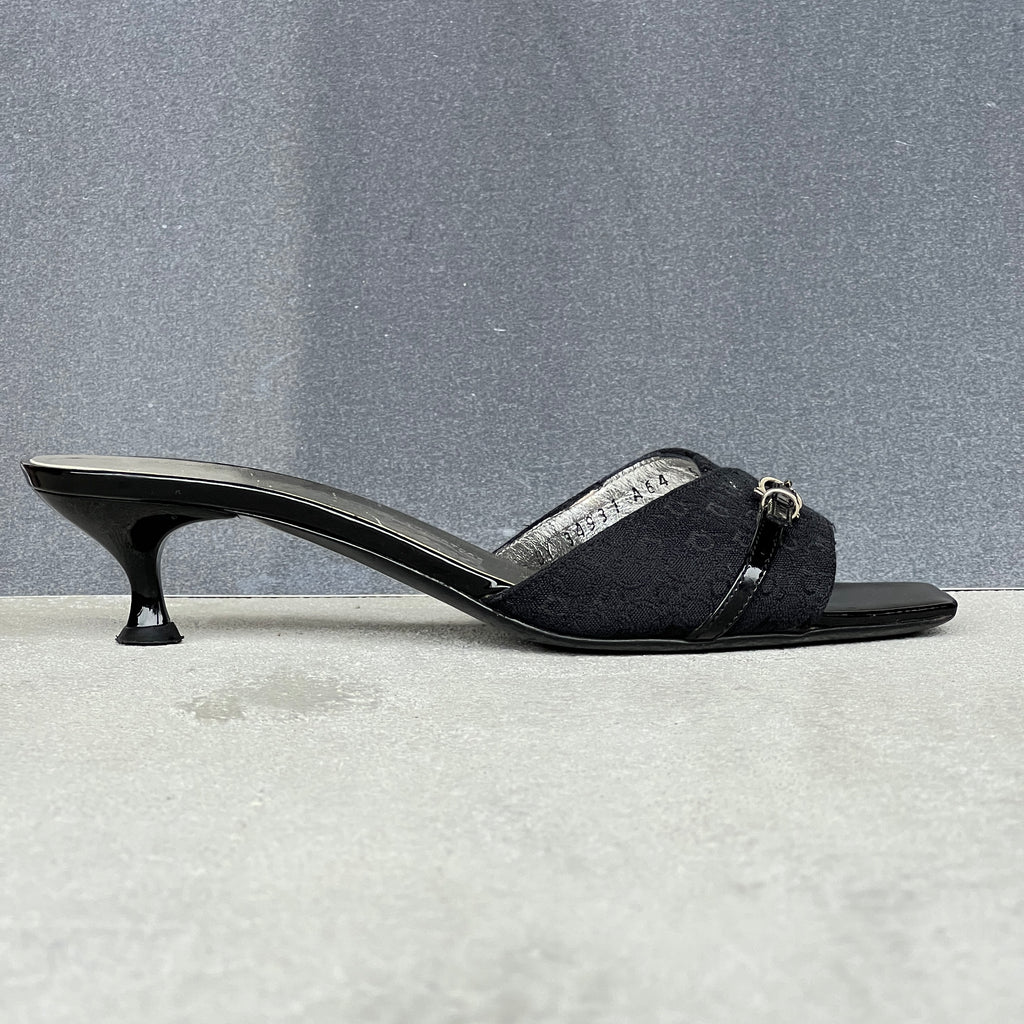 Ferragamo | Black Monogram Leather Buckle Slide Mules (5.5 , 35.5)