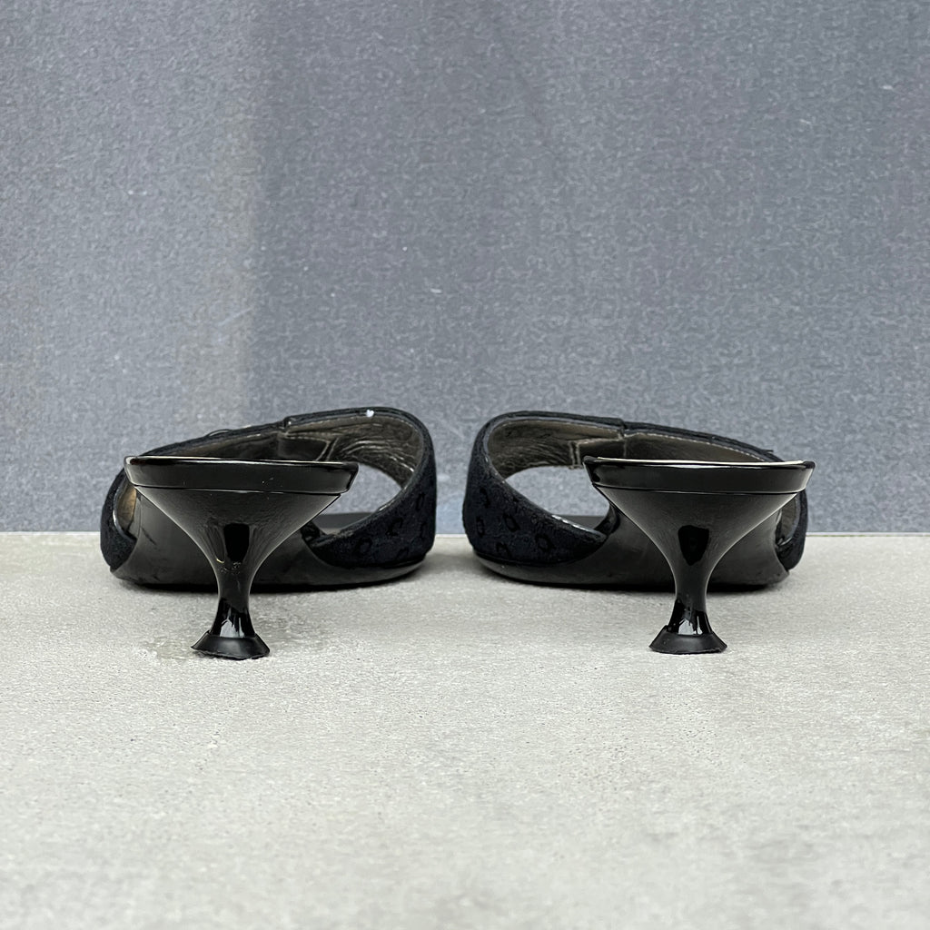 Ferragamo | Black Monogram Leather Buckle Slide Mules (5.5 , 35.5)