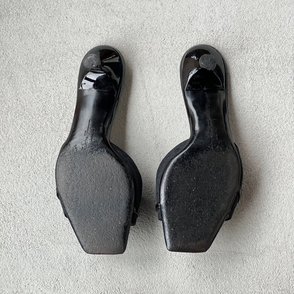 Ferragamo | Black Monogram Leather Buckle Slide Mules (5.5 , 35.5)