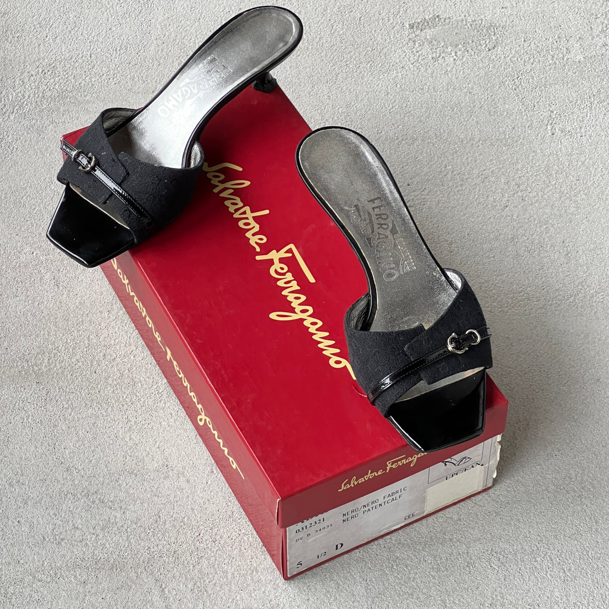 Ferragamo | Black Monogram Leather Buckle Slide Mules (5.5 , 35.5)