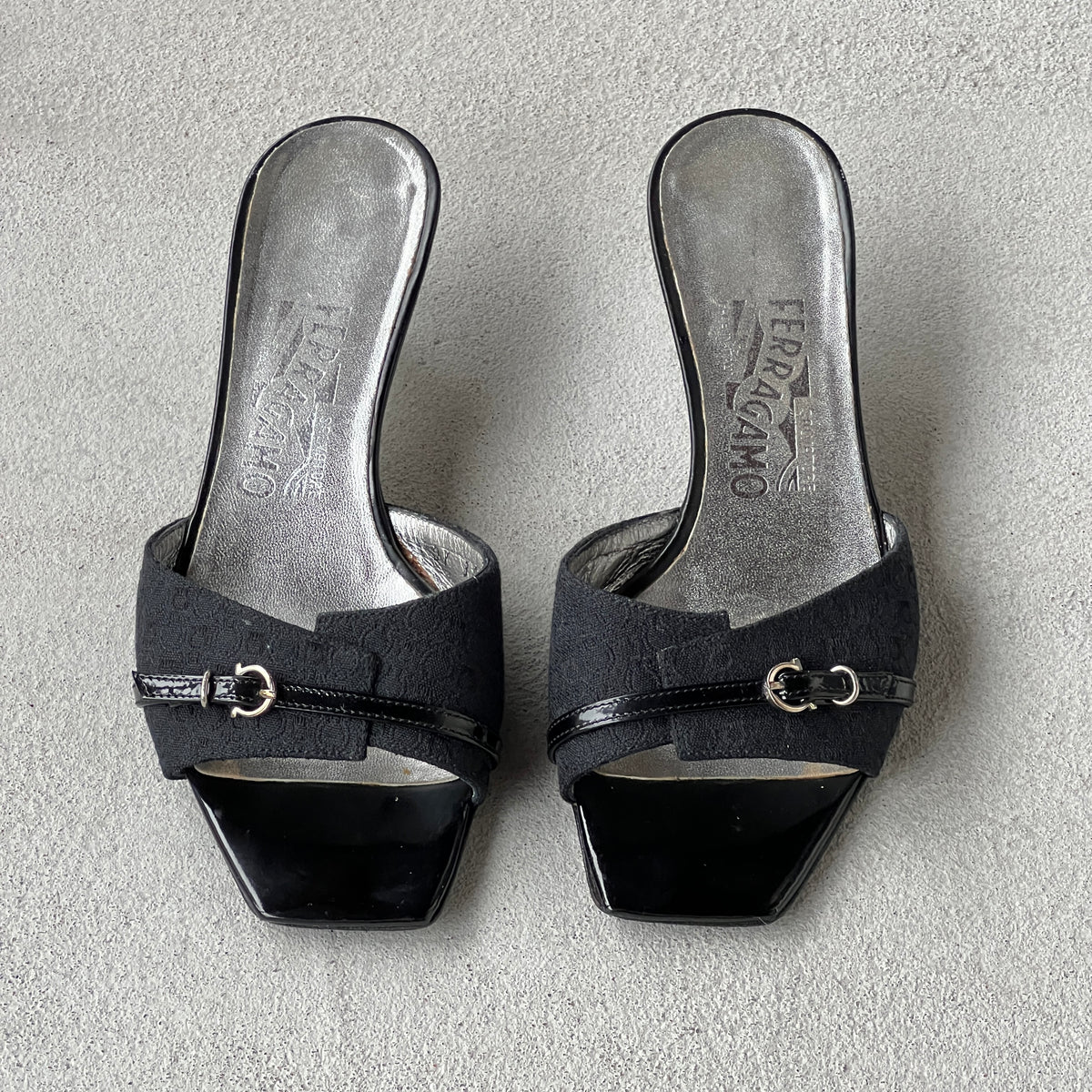Ferragamo | Black Monogram Leather Buckle Slide Mules (5.5 , 35.5)