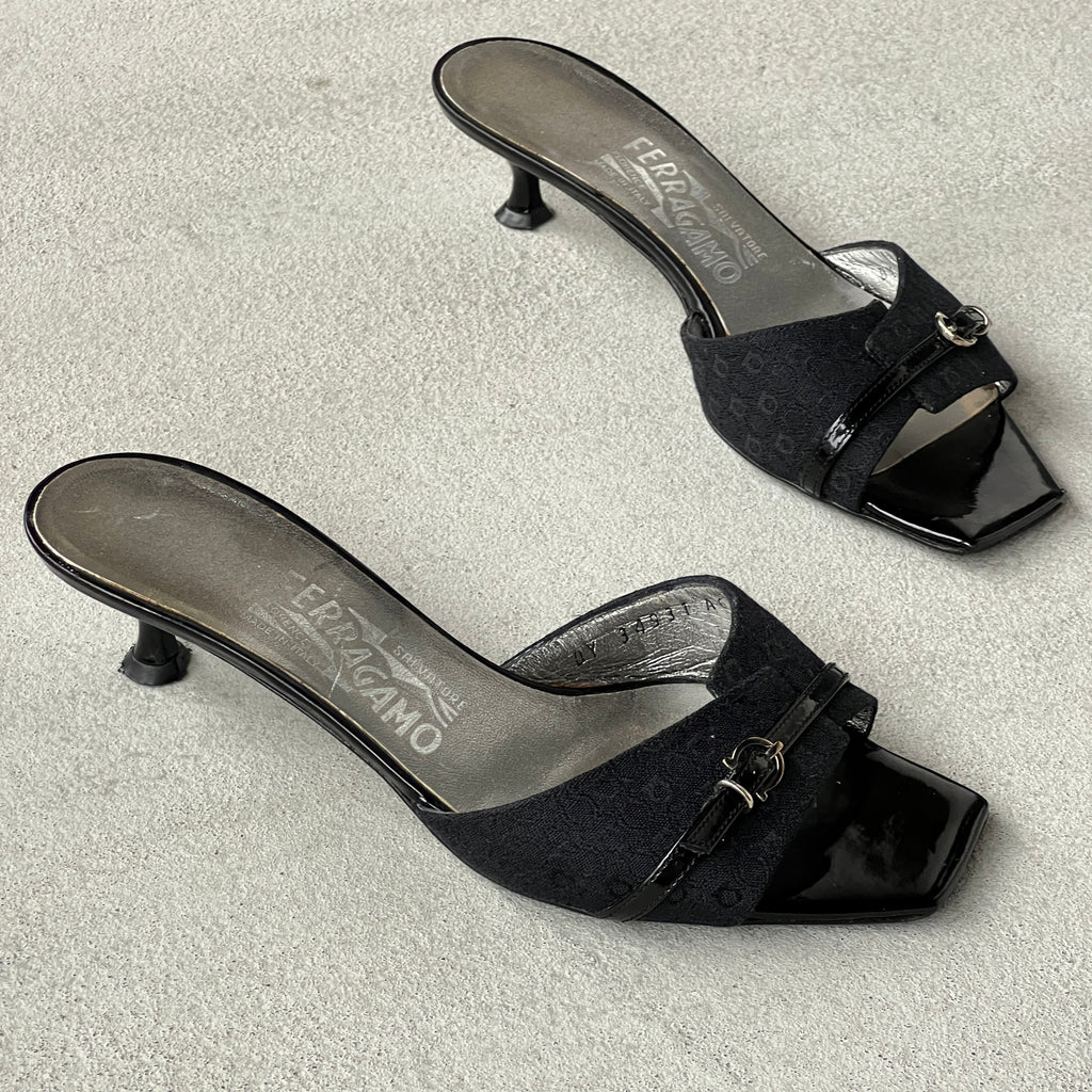 Ferragamo | Black Monogram Leather Buckle Slide Mules (5.5 , 35.5)
