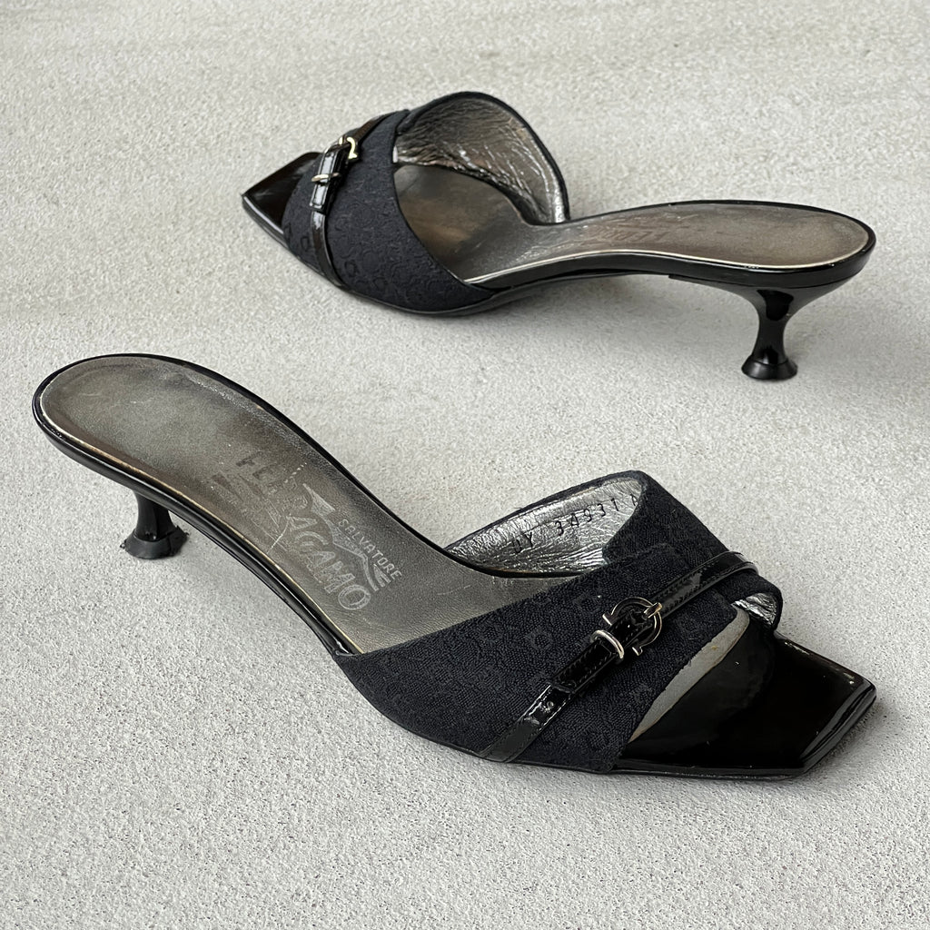 Ferragamo | Black Monogram Leather Buckle Slide Mules (5.5 , 35.5)