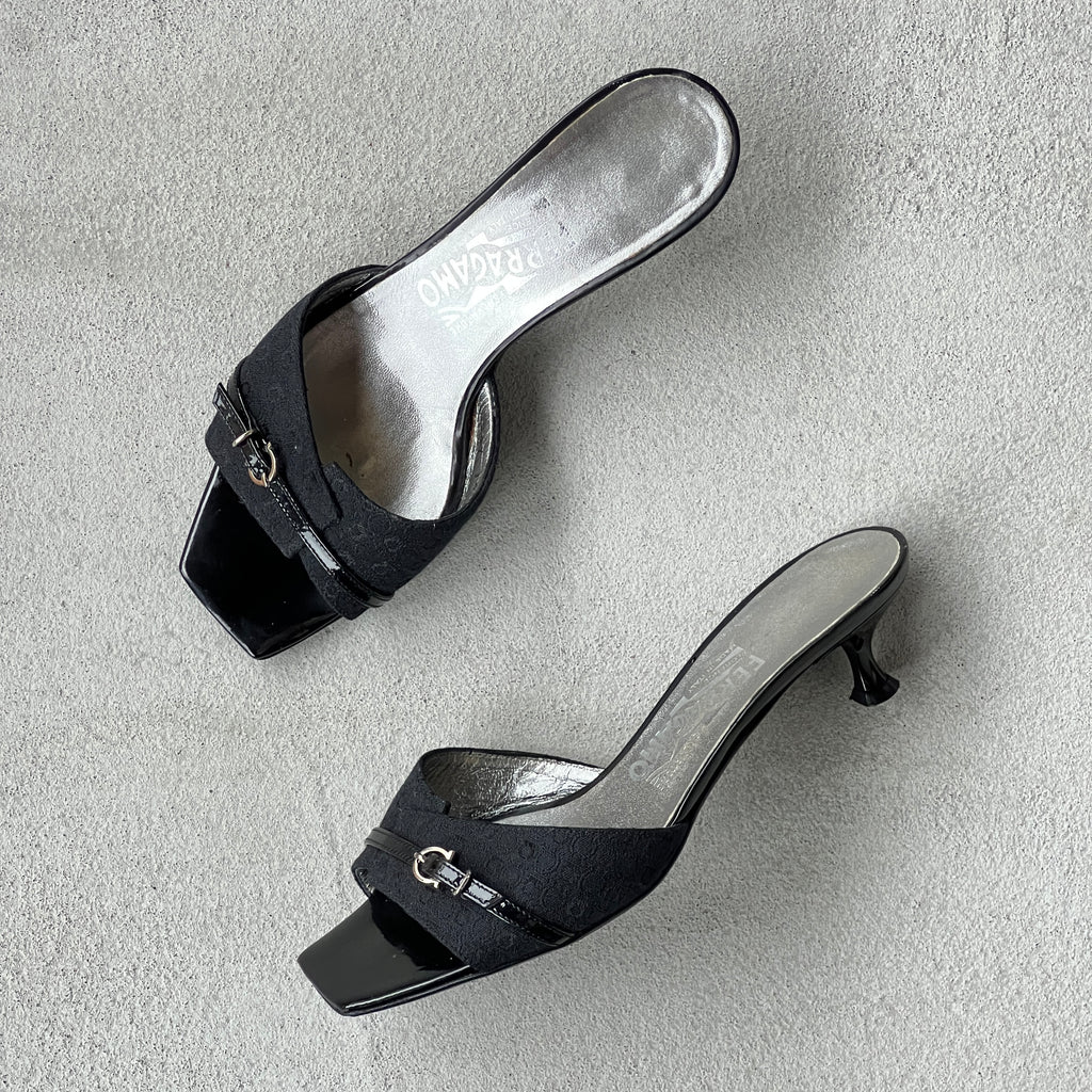 Ferragamo | Black Monogram Leather Buckle Slide Mules (5.5 , 35.5)