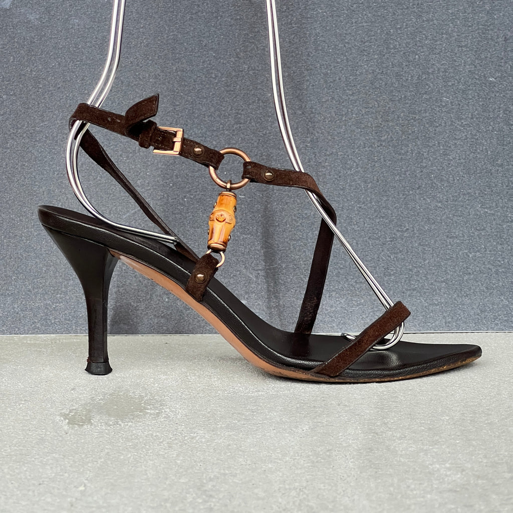 Gucci | Vintage Tom Ford Era Bamboo Brown Leather Strappy Sandal Heels (34)
