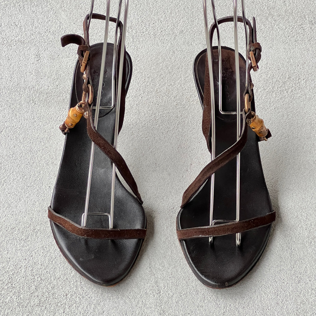 Gucci | Vintage Tom Ford Era Bamboo Brown Leather Strappy Sandal Heels (34)
