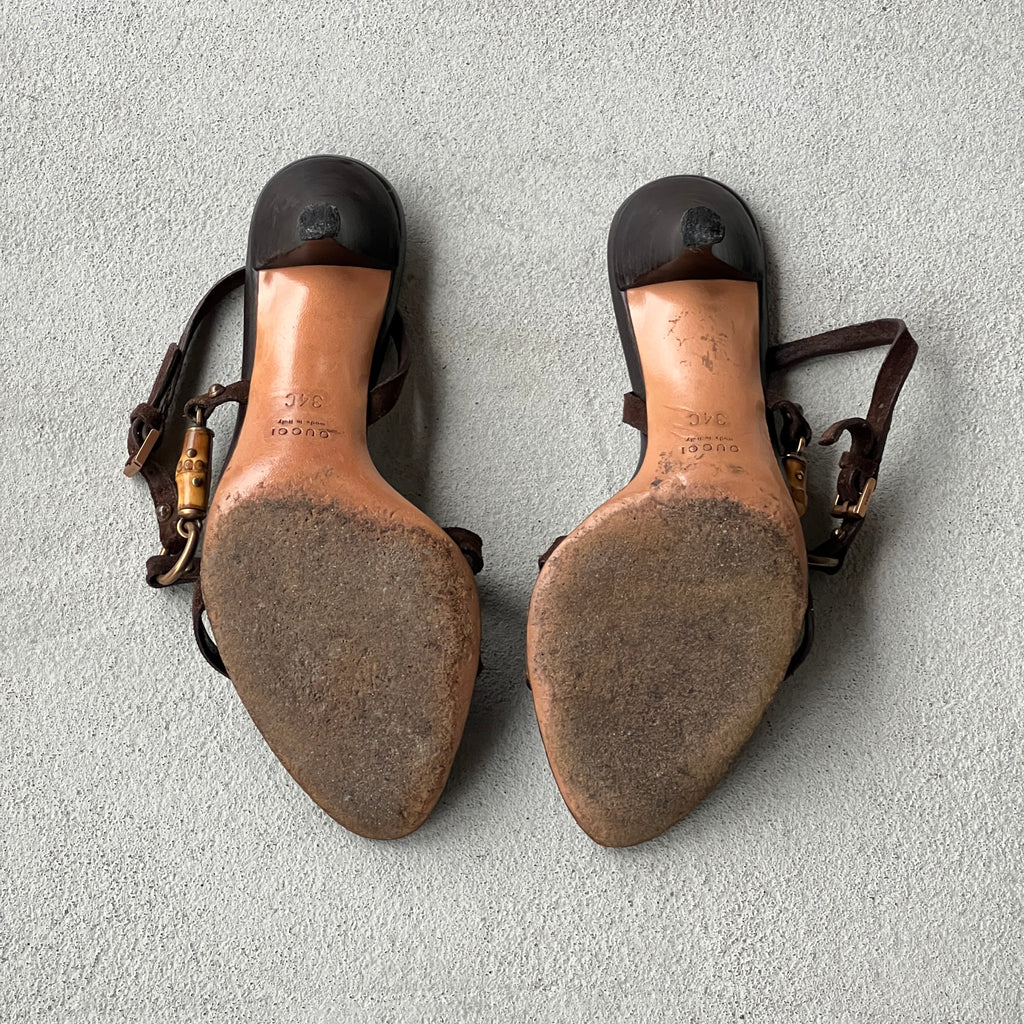 Gucci | Vintage Tom Ford Era Bamboo Brown Leather Strappy Sandal Heels (34)
