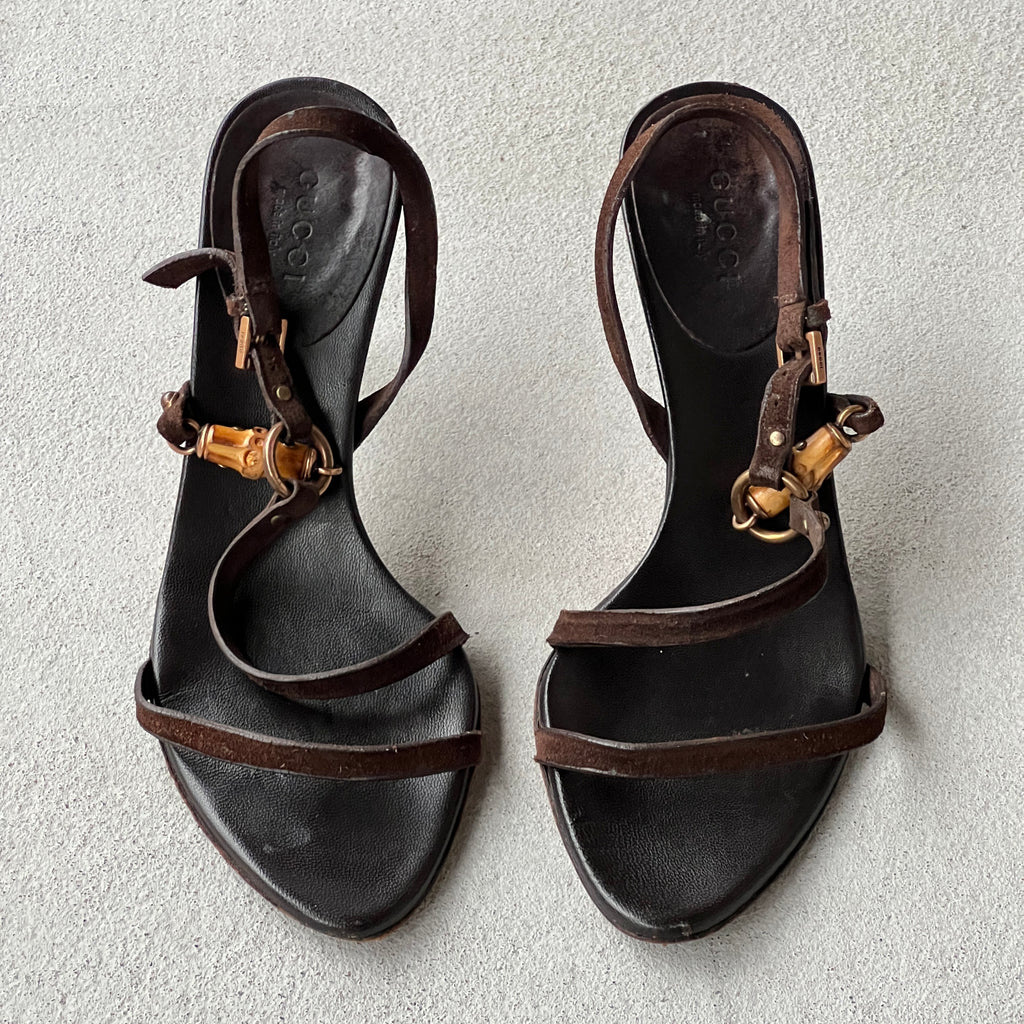 Gucci | Vintage Tom Ford Era Bamboo Brown Leather Strappy Sandal Heels (34)