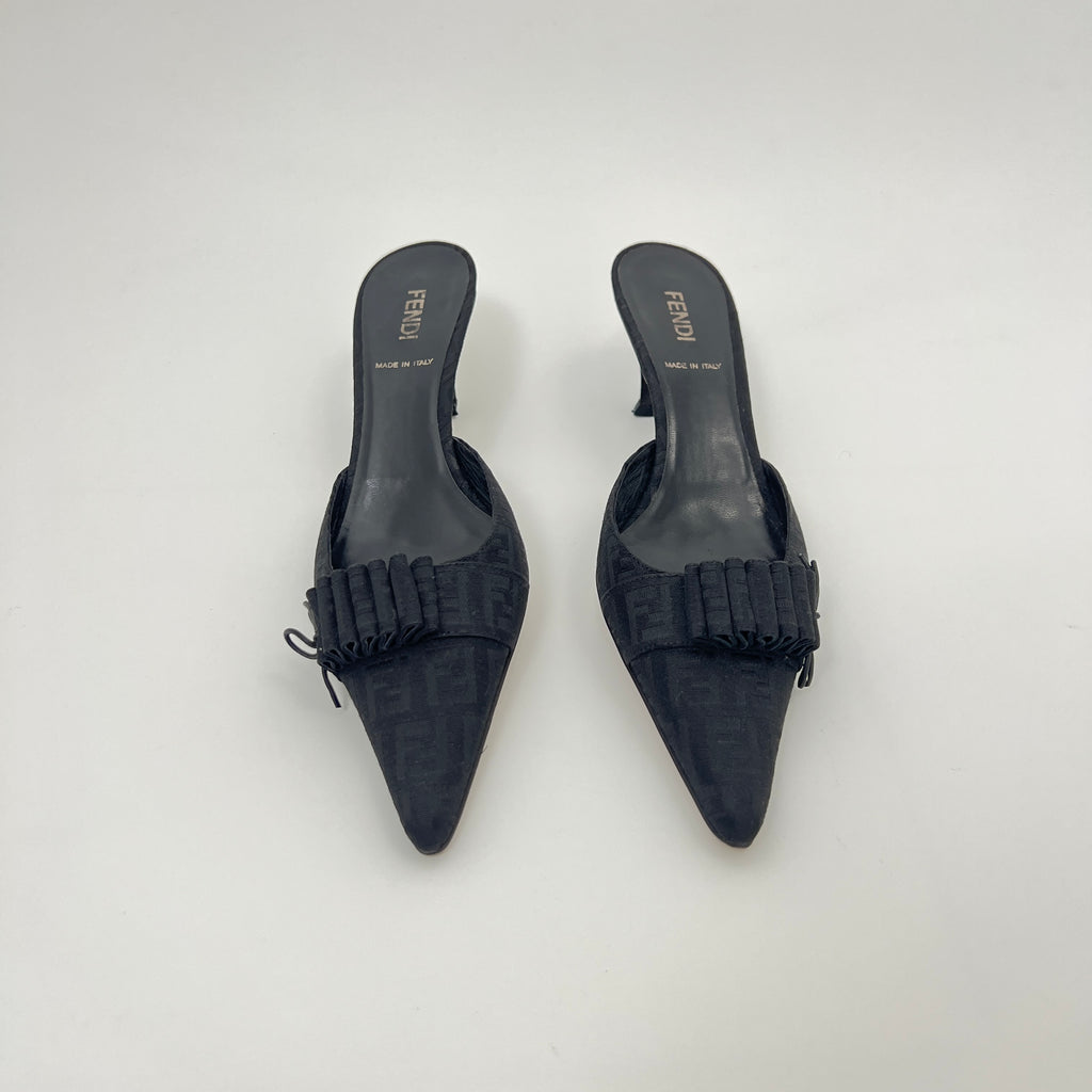 Fendi | Black Zucca FF Monogram Ribbon Bow Pointed Toe Leather Mules (36.5)