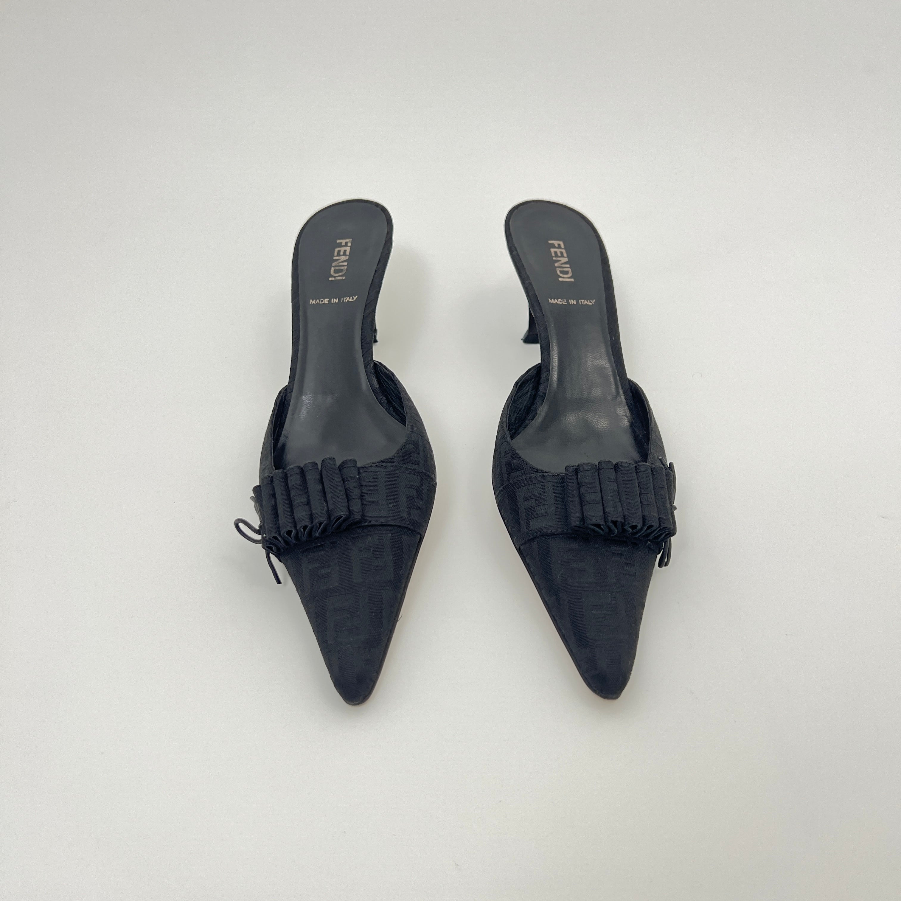 Fendi | Black Zucca FF Monogram Ribbon Bow Pointed Toe Leather Mules (36.5)