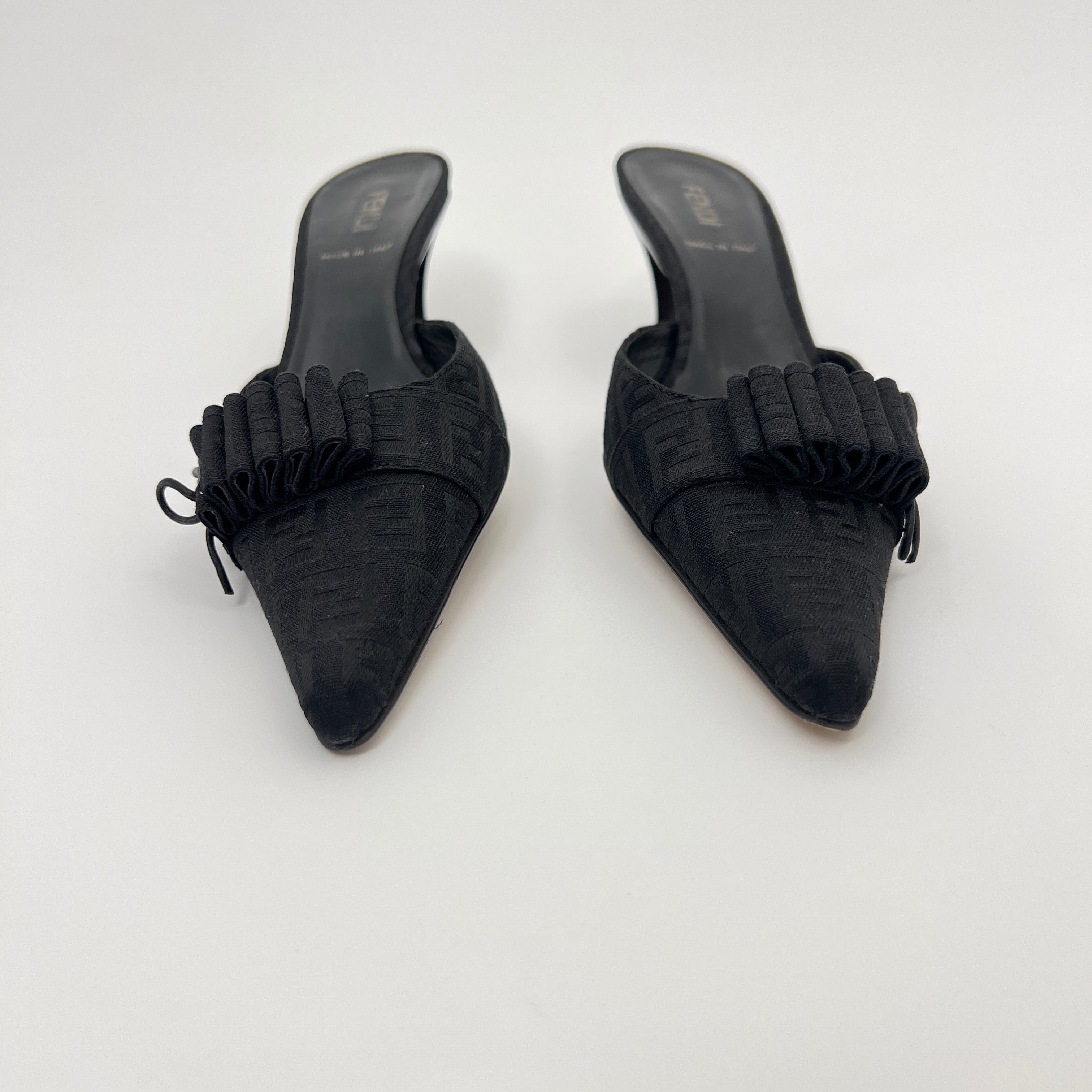 Fendi | Black Zucca FF Monogram Ribbon Bow Pointed Toe Leather Mules (36.5)