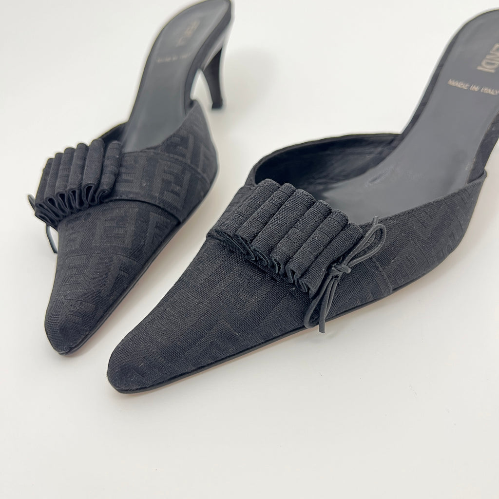 Fendi | Black Zucca FF Monogram Ribbon Bow Pointed Toe Leather Mules (36.5)