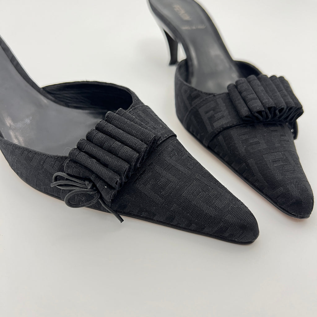 Fendi | Black Zucca FF Monogram Ribbon Bow Pointed Toe Leather Mules (36.5)