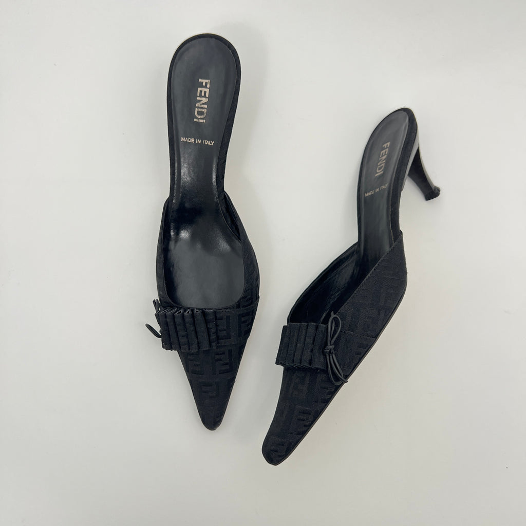 Fendi | Black Zucca FF Monogram Ribbon Bow Pointed Toe Leather Mules (36.5)