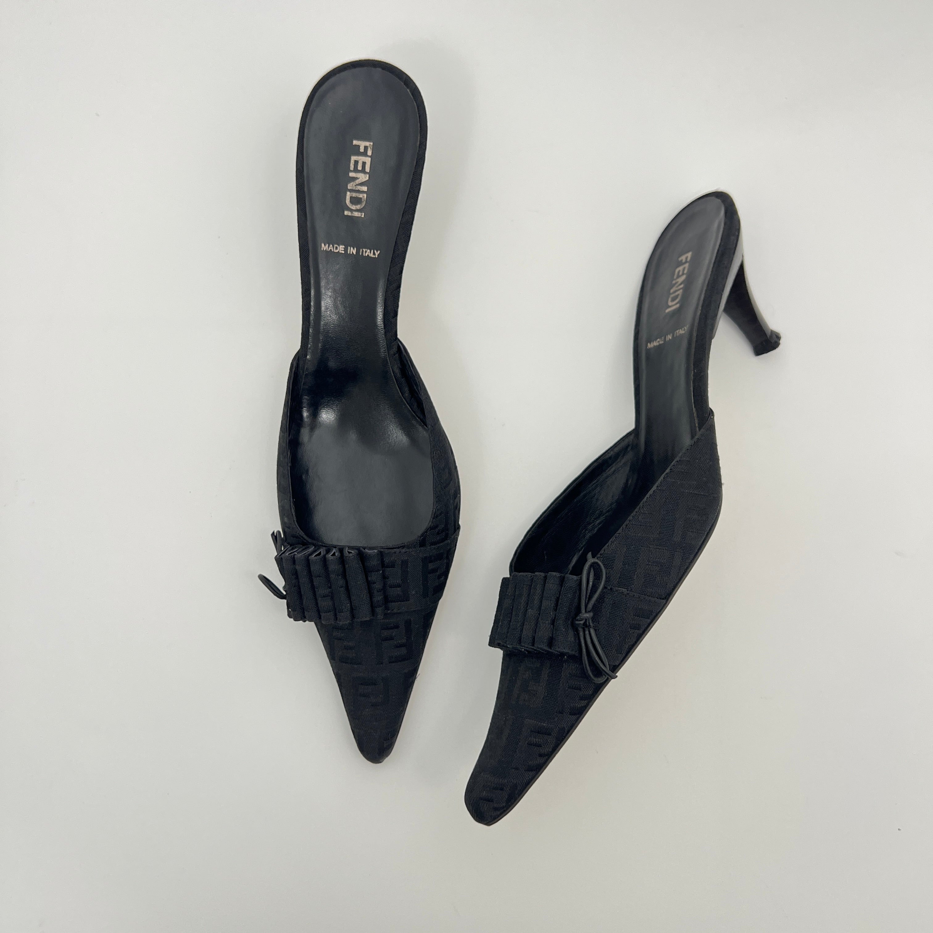 Fendi | Black Zucca FF Monogram Ribbon Bow Pointed Toe Leather Mules (36.5)