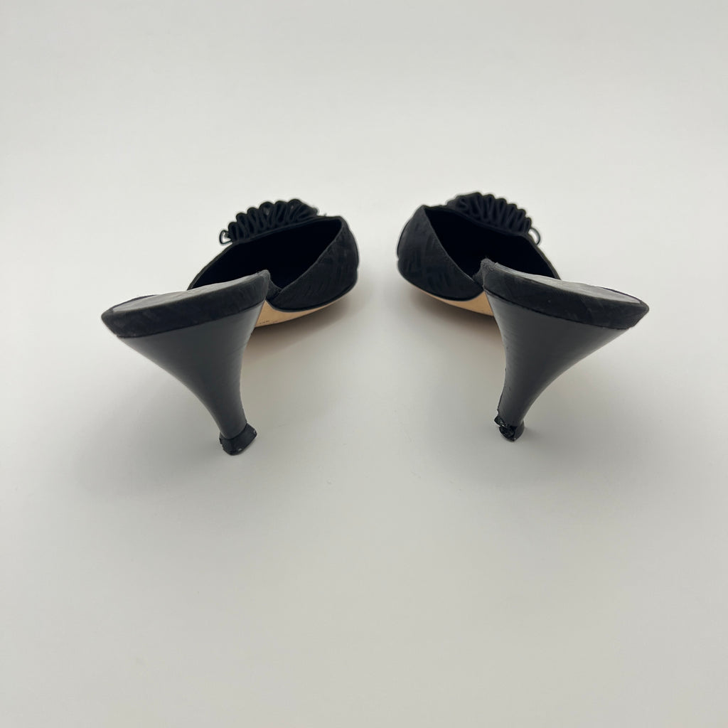 Fendi | Black Zucca FF Monogram Ribbon Bow Pointed Toe Leather Mules (36.5)